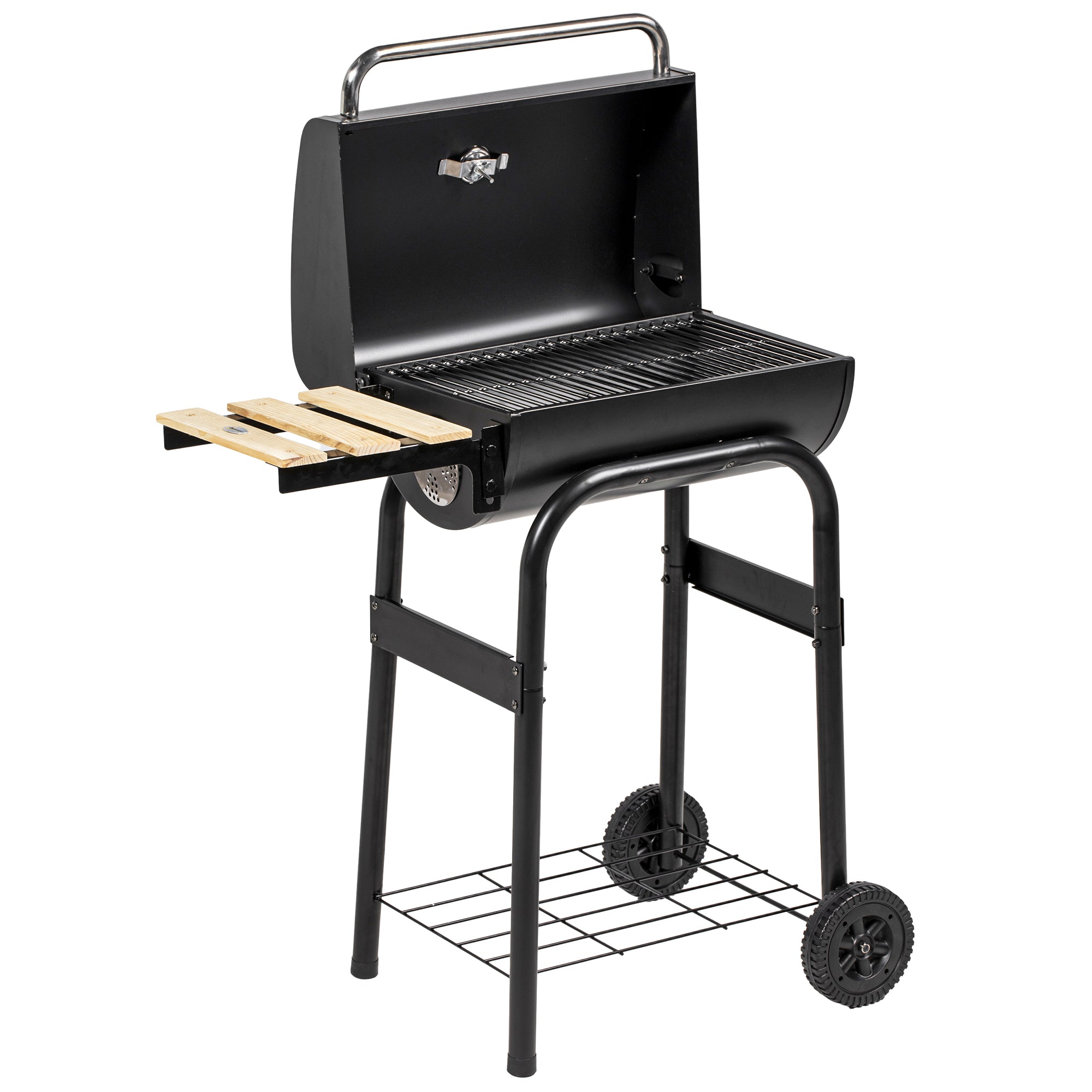 Charcoal Barbecue Grill, BBQ with Thermometer, Shelves and Wheels, Black