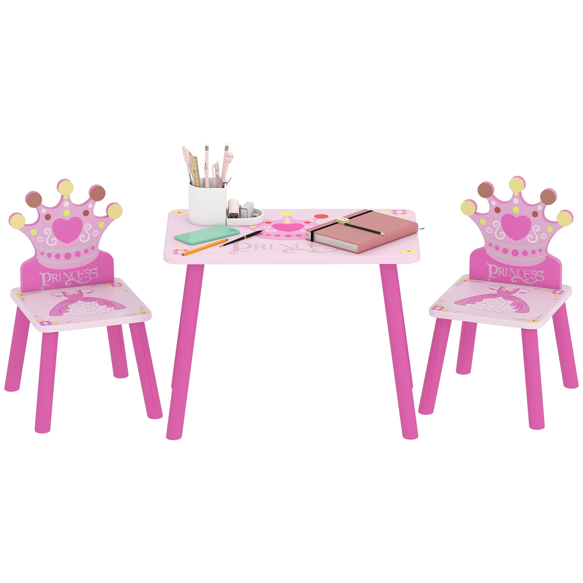 Qaba 3-Piece Set Kids Wooden Table Chair with Crown Pattern Easy to Clean Gift for Girls Toddlers Age 2-4 Years Old Pink