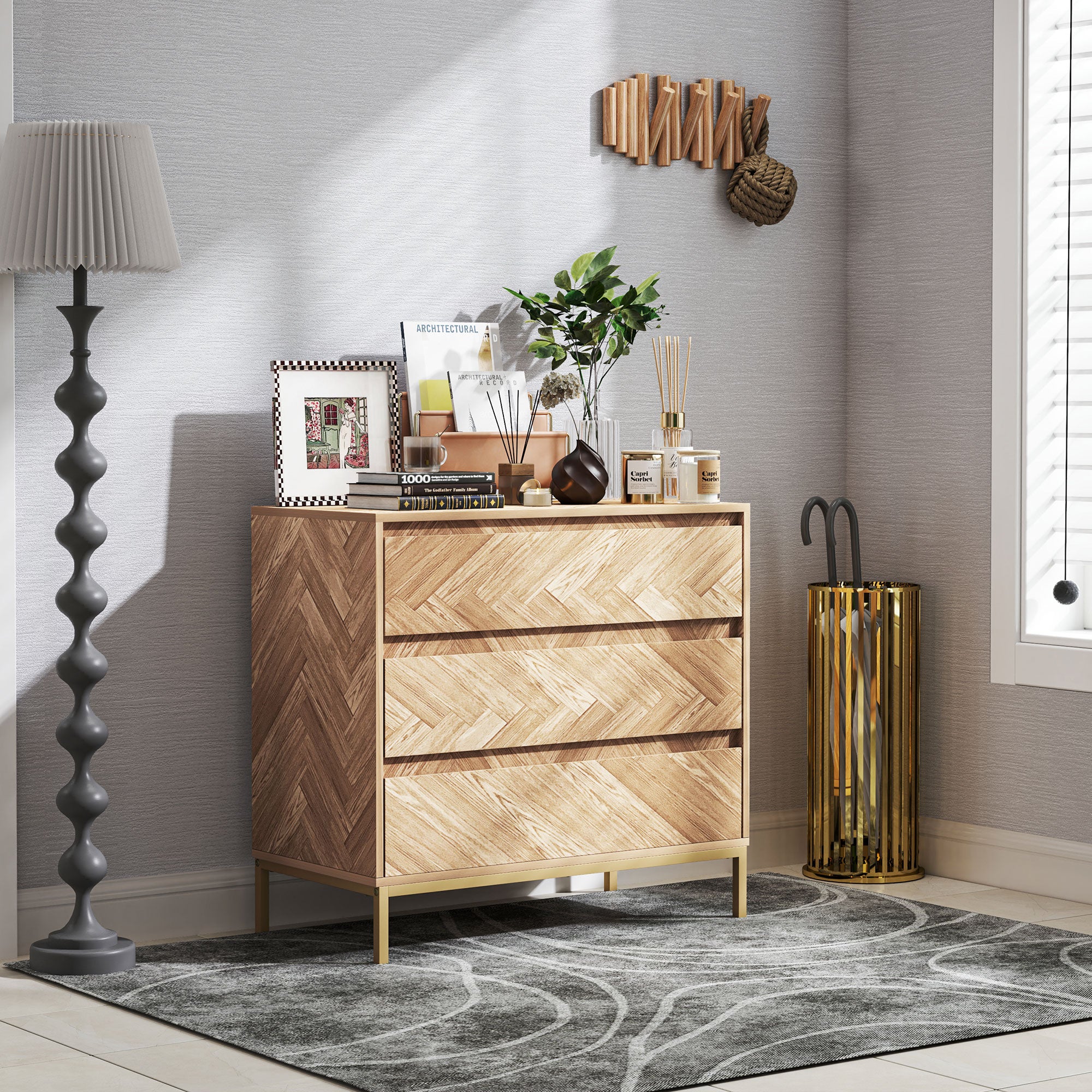 Bedroom Chest of Drawers with Anti-tipping Design, Storage Cabinet with 3 Drawers for Living Room, Hallway, Nature Wood