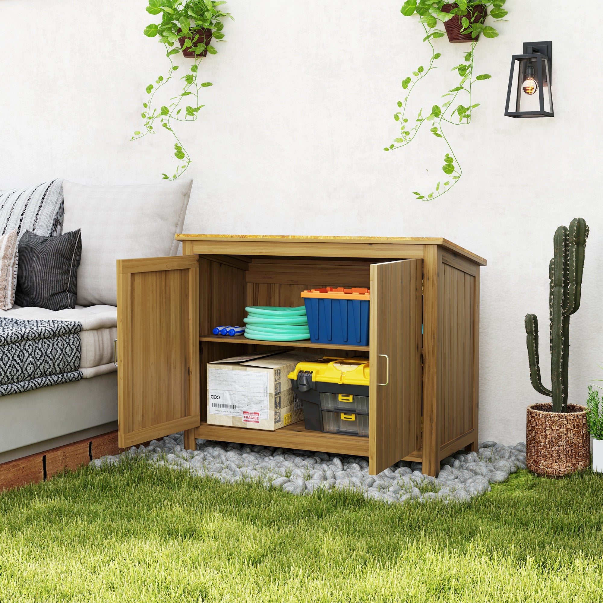 Wooden Garden Shed, Compact Outdoor Storage Cabinet with 2 Shelves and 2 Doors for Patio, Deck, Lawn, 43" x 20" x 34"