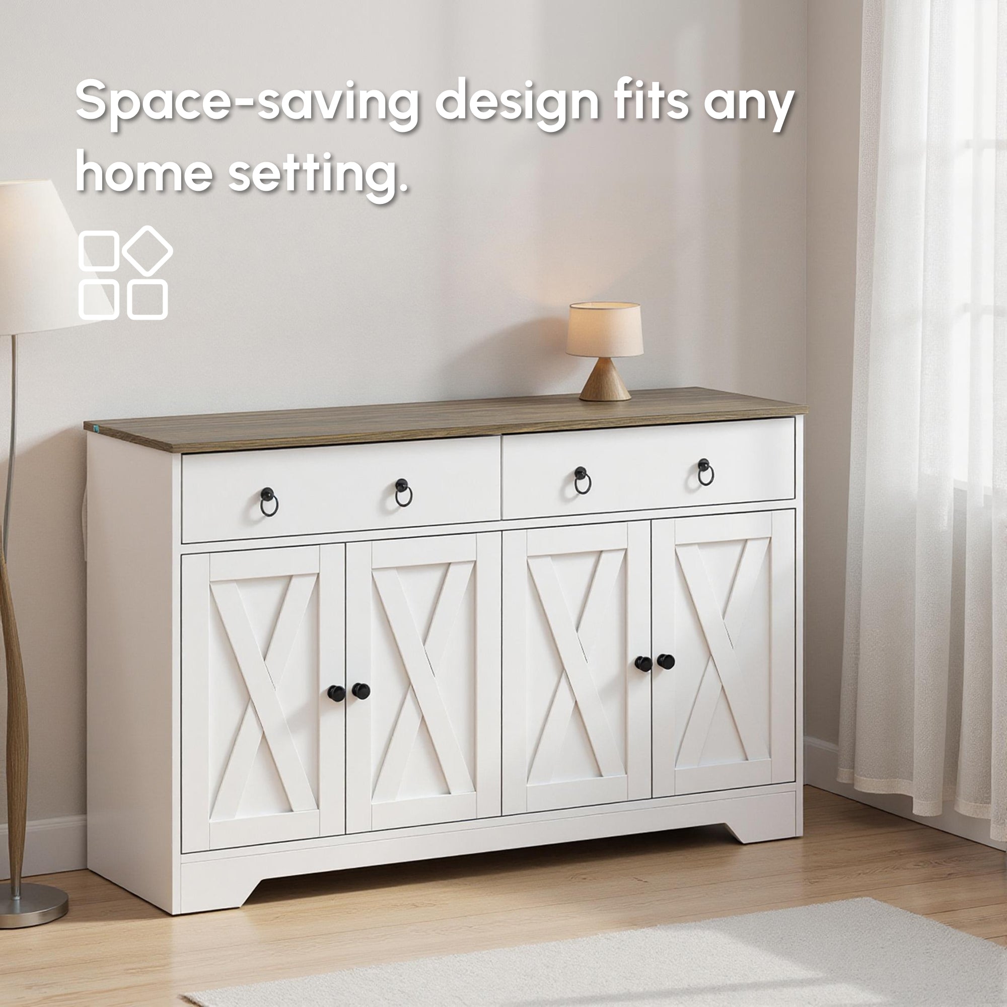 Kitchen Sideboard Cabinet with 2 Drawers, 4 Barn Doors and 2 Adjustable Shelves, Buffet Table for Living Room, White