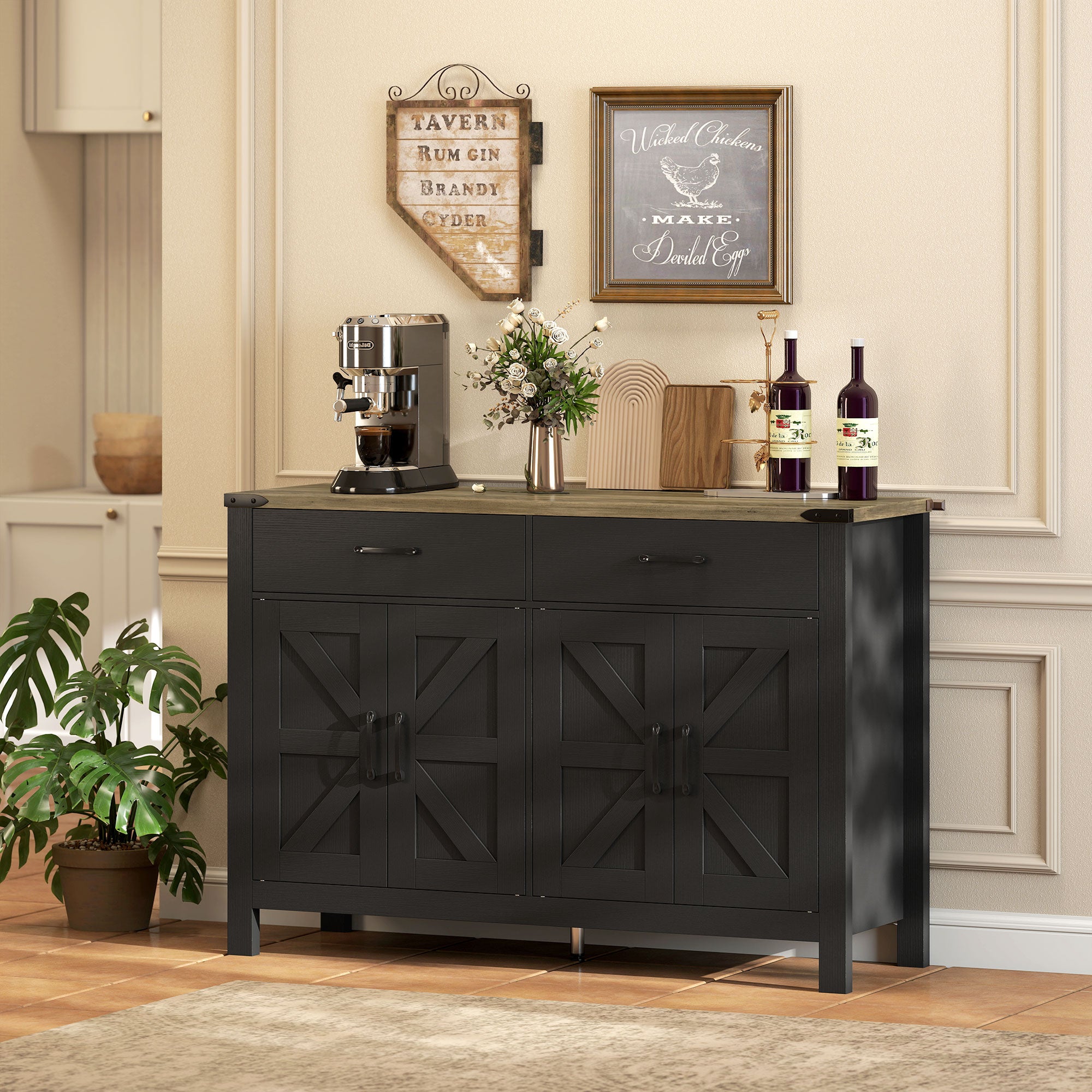 Sideboard Buffet Cabinet, Farmhouse Kitchen Storage Cabinet w/ 2 Drawers and Shelves for Living Room, Entryway
