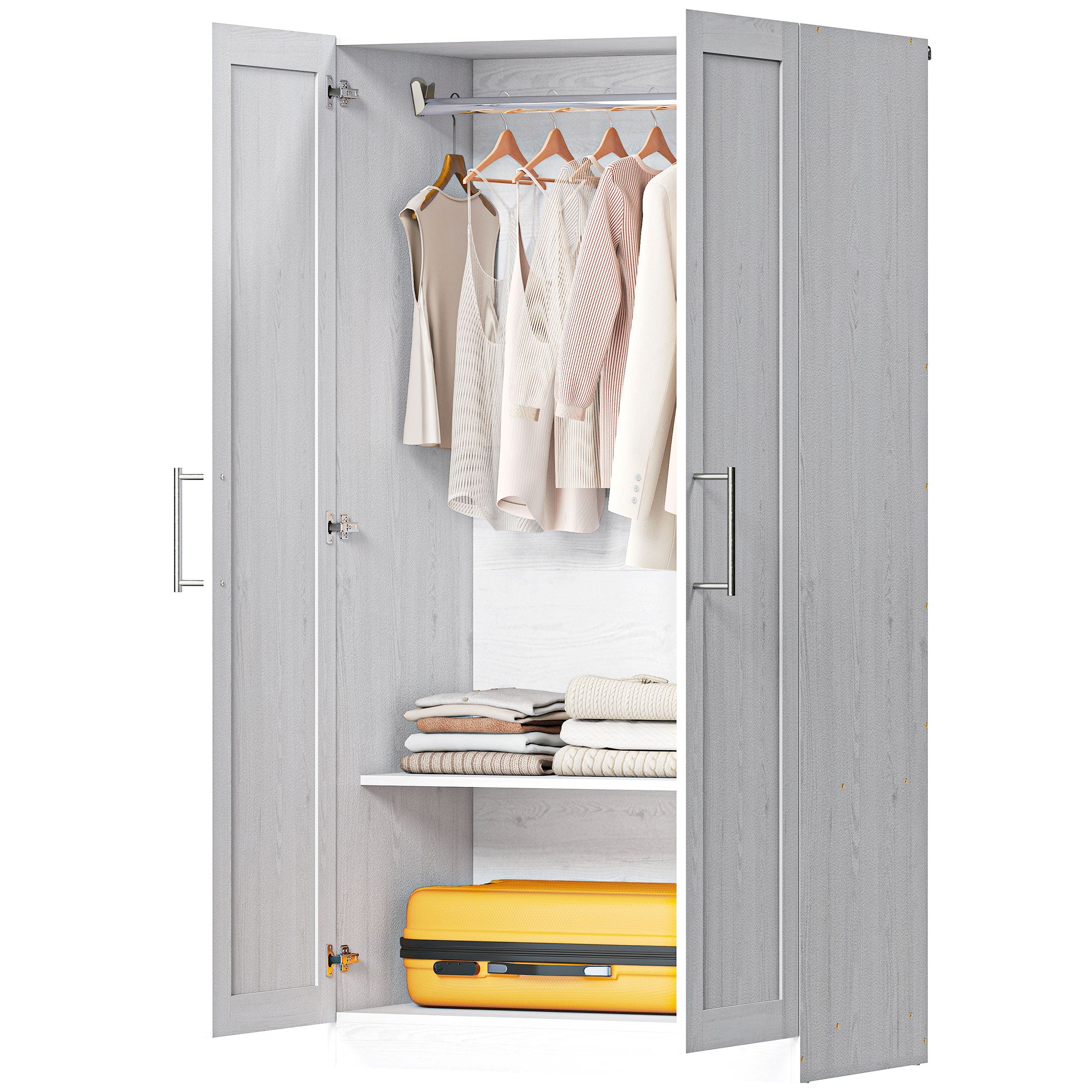 Wardrobe Cabinet with 2 Doors and Hanging Rod, Modern Armoire Wardrobe Closet for Bedroom, White Wood Effect