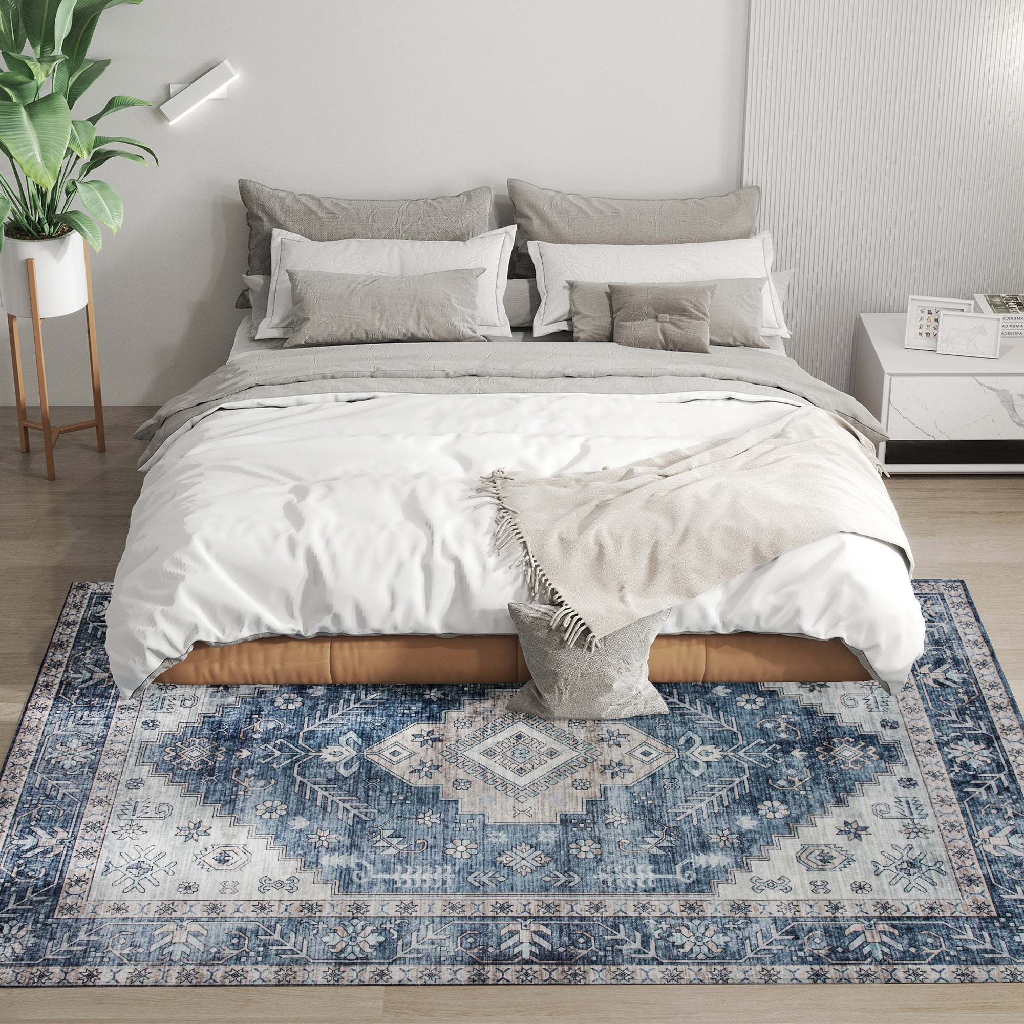 5x7 Area Rug, Vintage Machine Washable Rug, Non-Slip Floor Carpet for Living Room, Bedroom, Dining Room, Blue