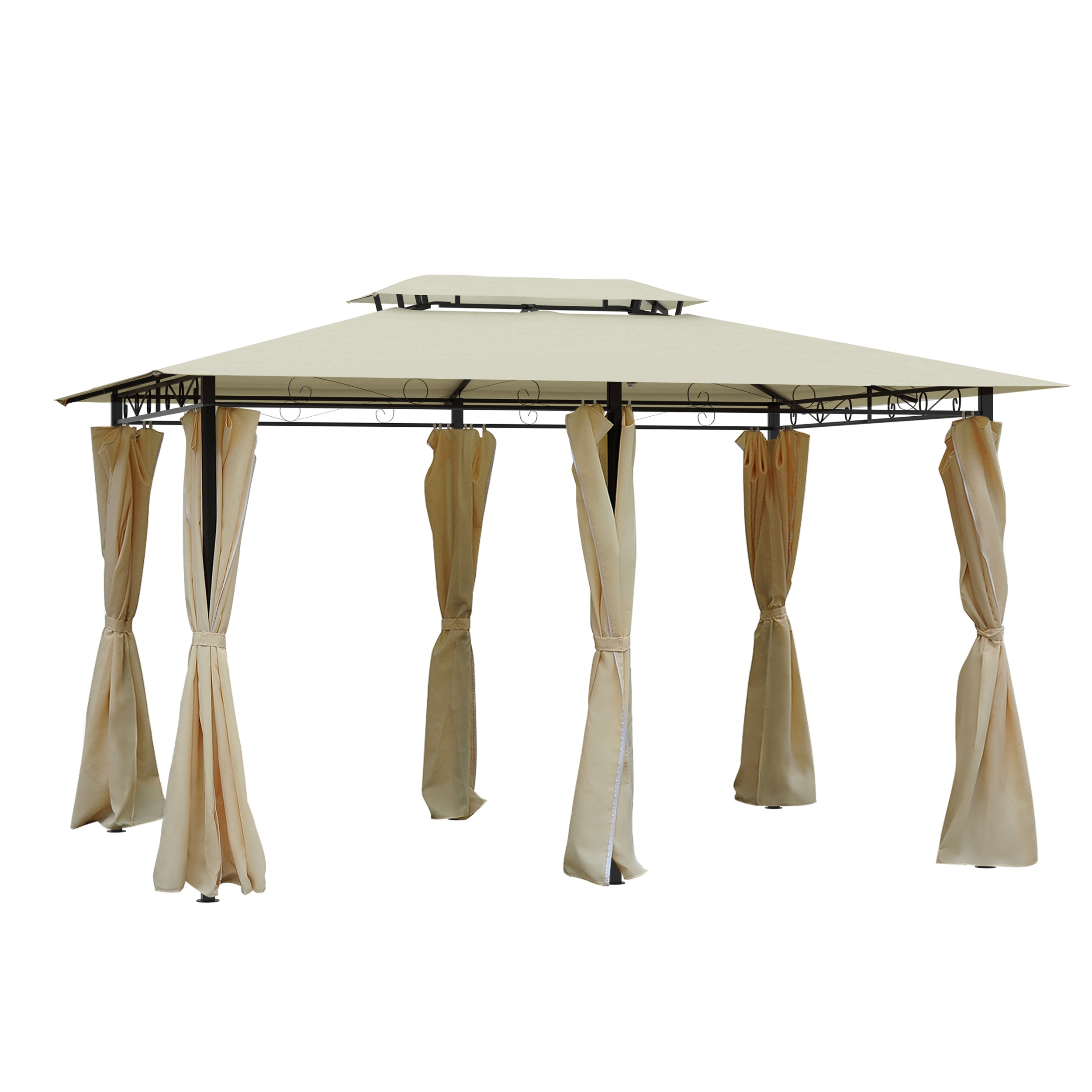 13' x 10' Soft-top Gazebo Patio Steel Canopy Portable Party Event with Double Canopy Roof, Curtains, Cream White