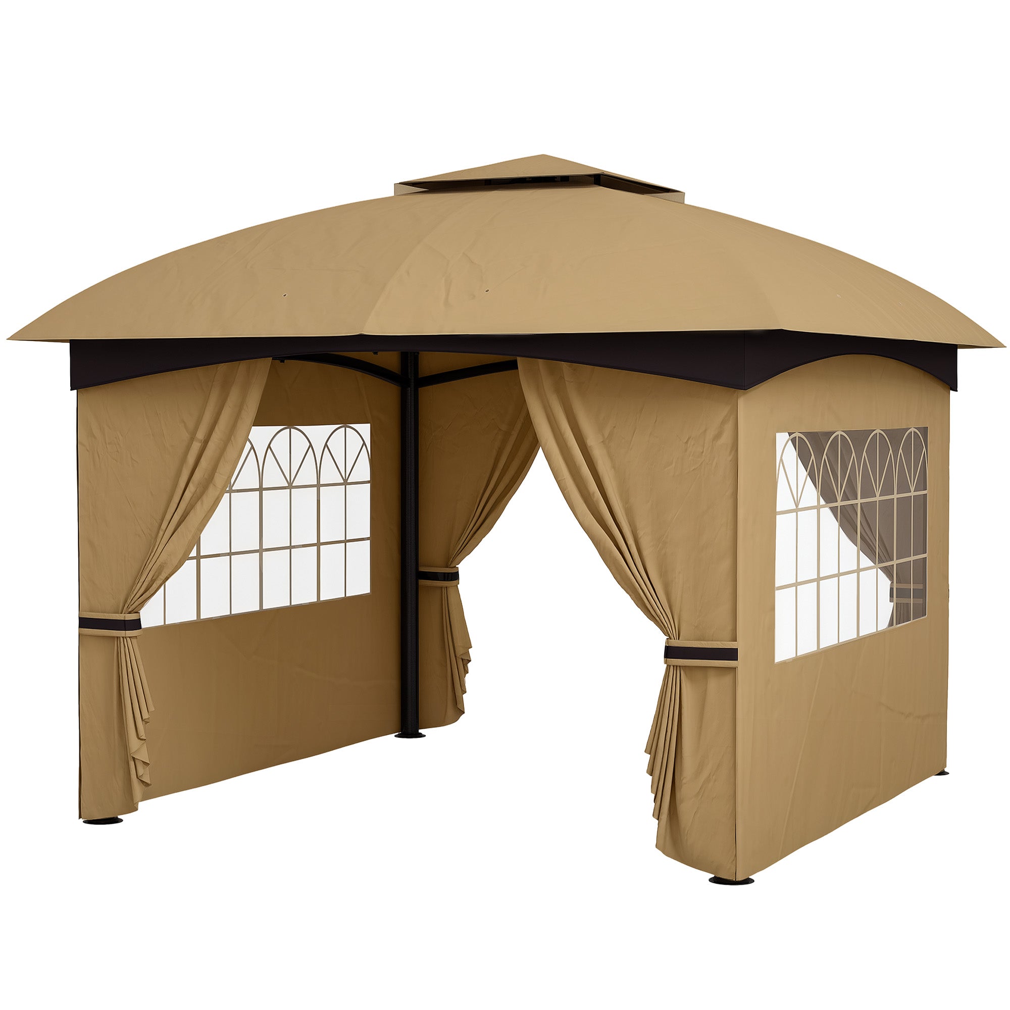 11' x 11' Outdoor Gazebo, Double Roof Patio Gazebo Canopy with Curtains, Church Windows, Galvanised Steel Frame, Beige