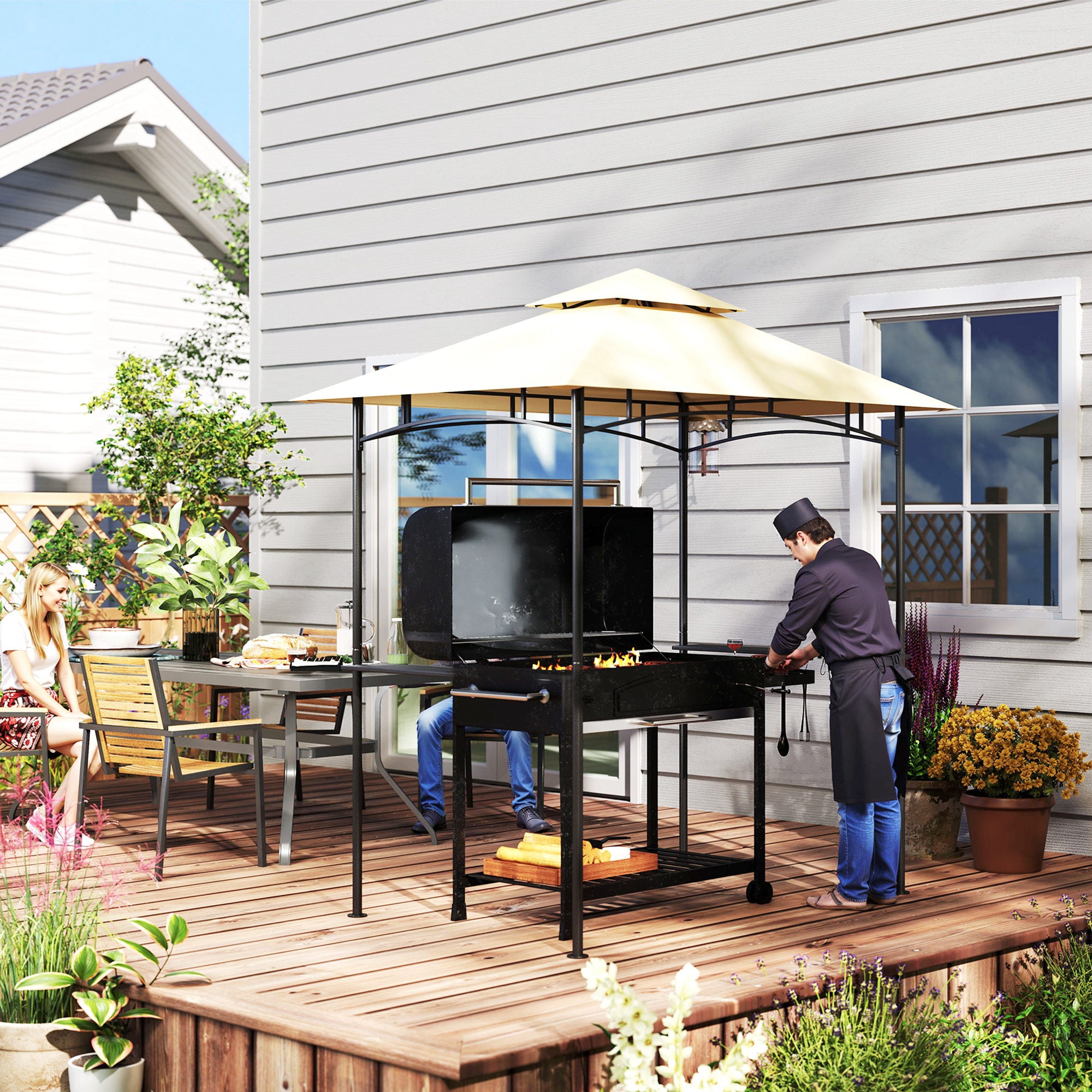 8' x 5' Outdoor Grill Gazebo, Double Tiered Barbecue Grill Gazebo Shelter with 2 Side Shelves, Hooks, Beige