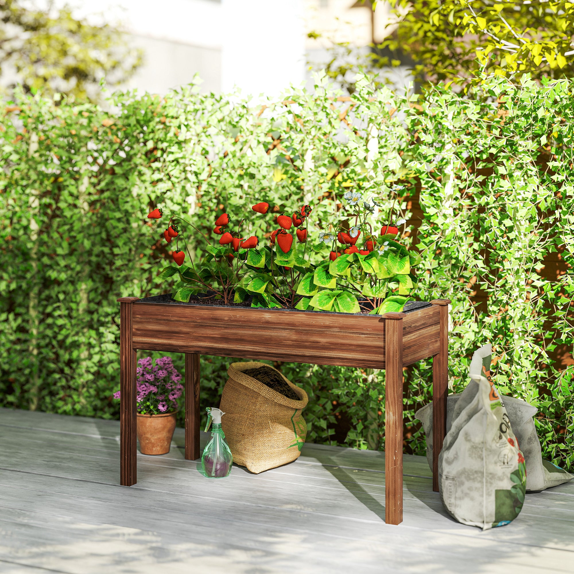 48" x 22" x 30" Wooden Patio Raised Garden Bed Planter, Elevated Planter Box with Legs, Carbonized