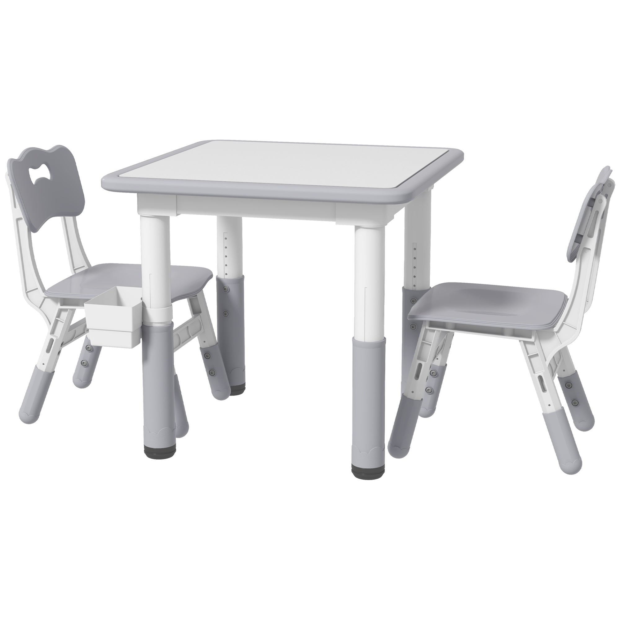 Qaba 3 Pieces Toddler Table and Chair Set, Height Adjustable Kids Table and Chair Set w/ Storage, for Playroom Grey
