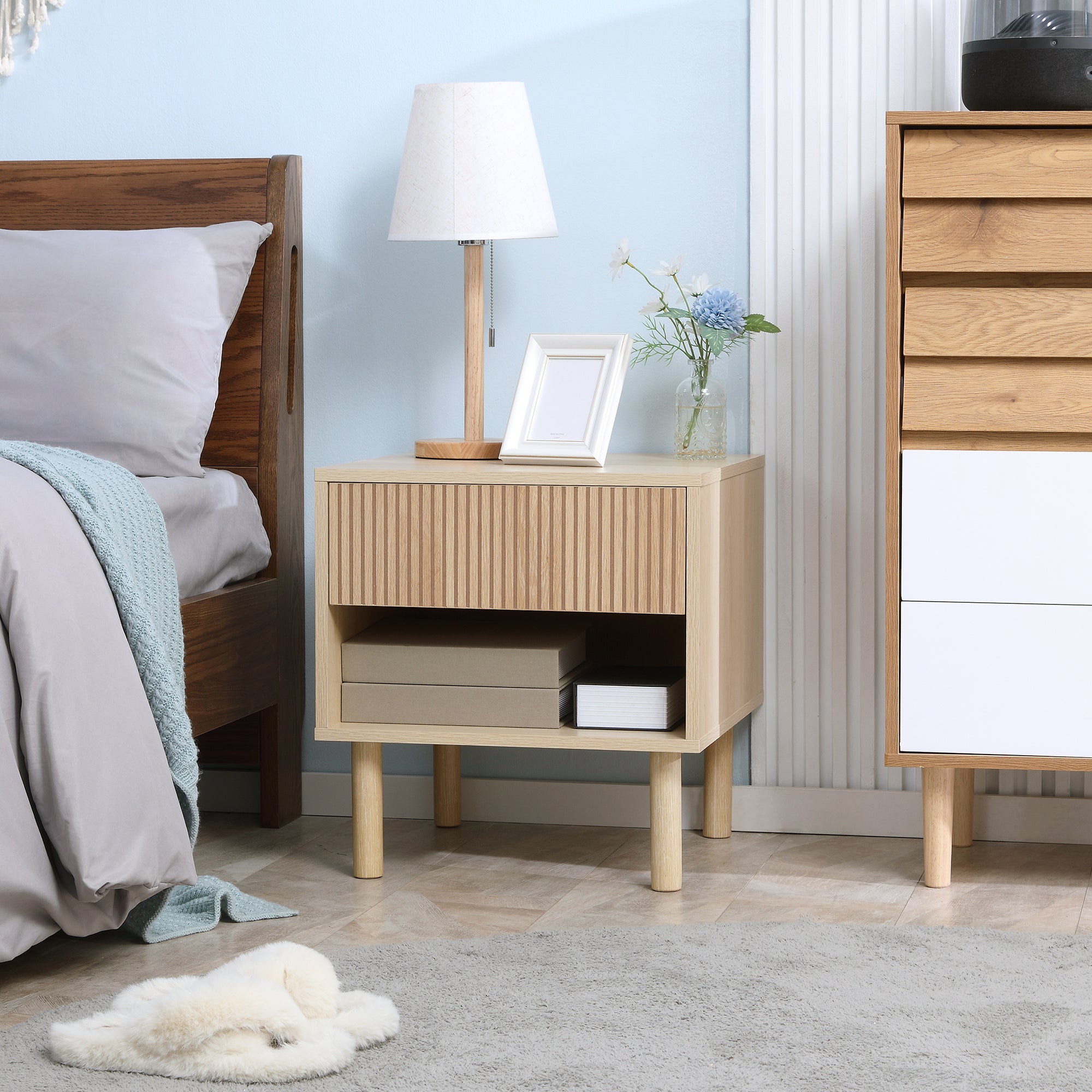 Modern Bedside Table with Drawer and Open Shelf, Sofa Side Table for Bedroom Living Room, Natural