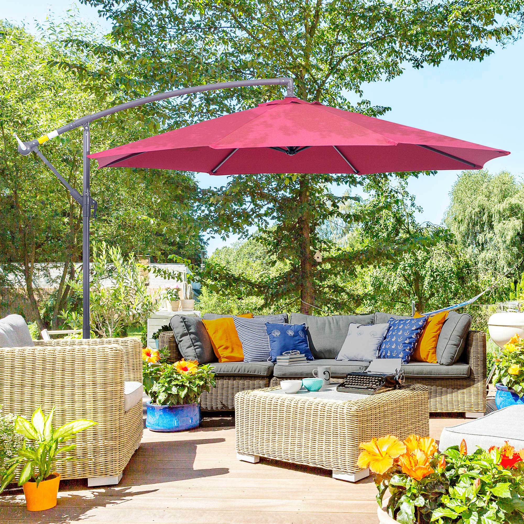 10' Deluxe Patio Umbrella, Outdoor Market Parasol, Banana Hanging Offset Sunshade with Crank, Cross Base, Wine Red