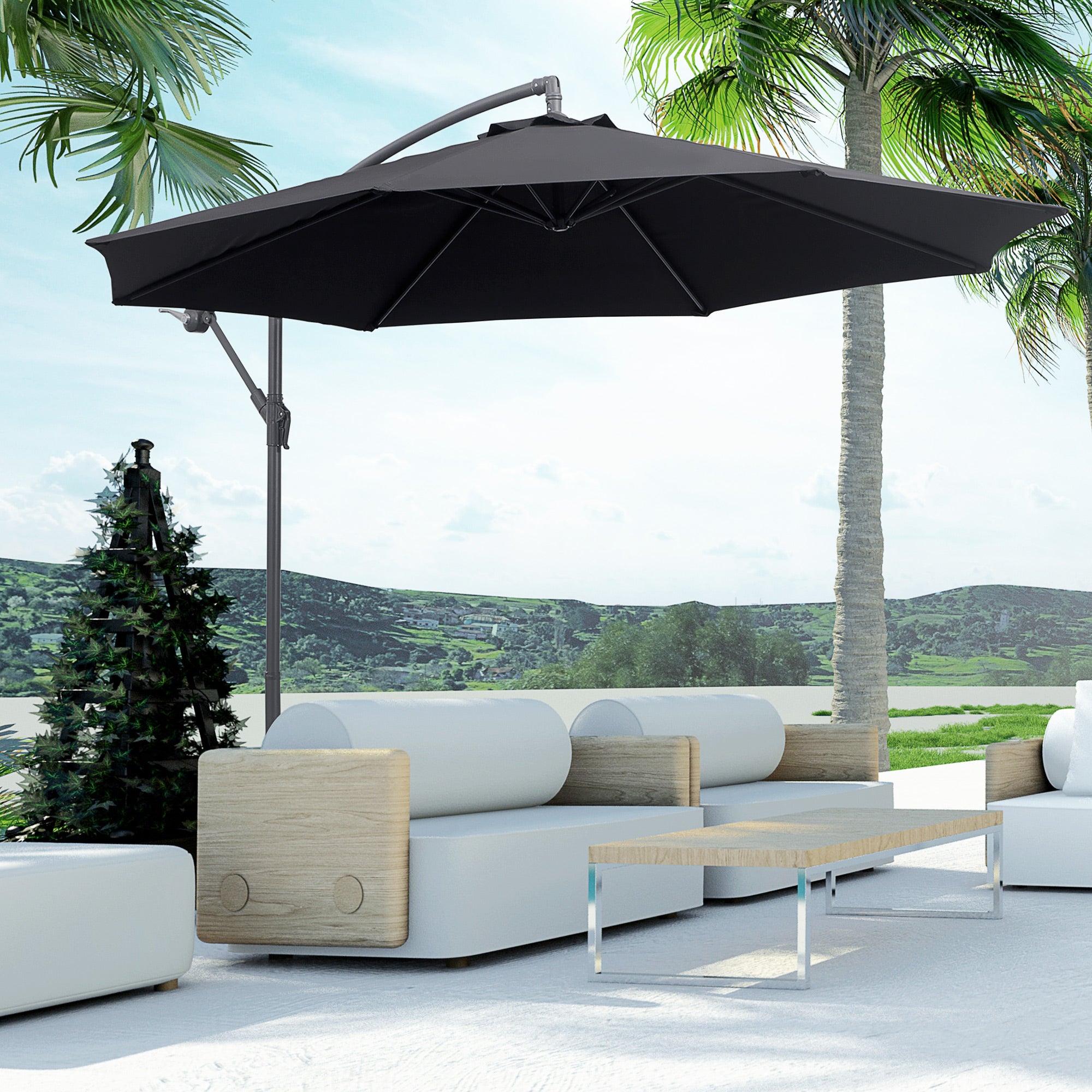10' Deluxe Patio Umbrella Outdoor Market Parasol Banana Hanging Offset Sunshade Crank Cross Base Black