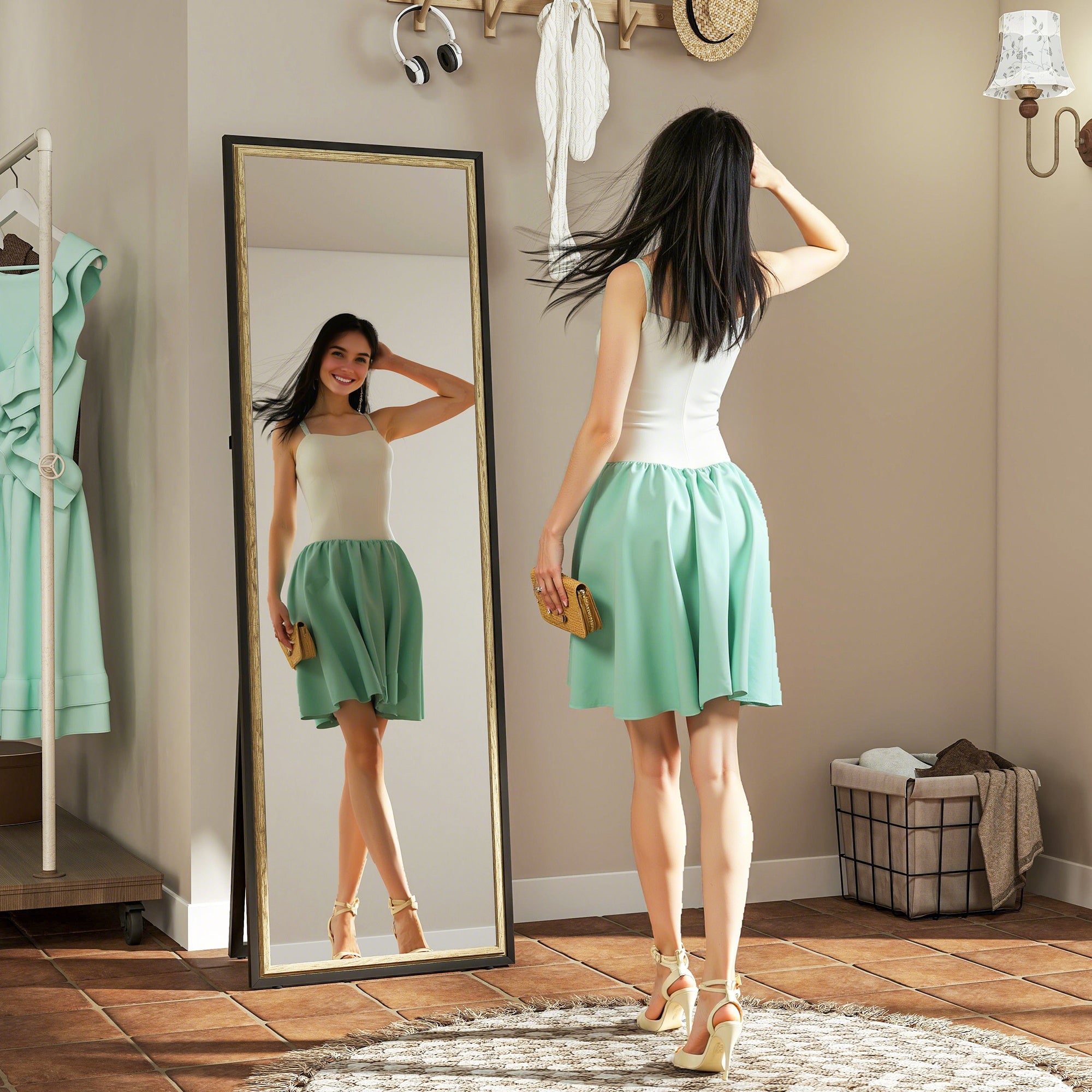 Full Length Mirror, 64" x 21" Rectangle Full Body Mirror with Dual-Tone Frame for Bedroom, Black