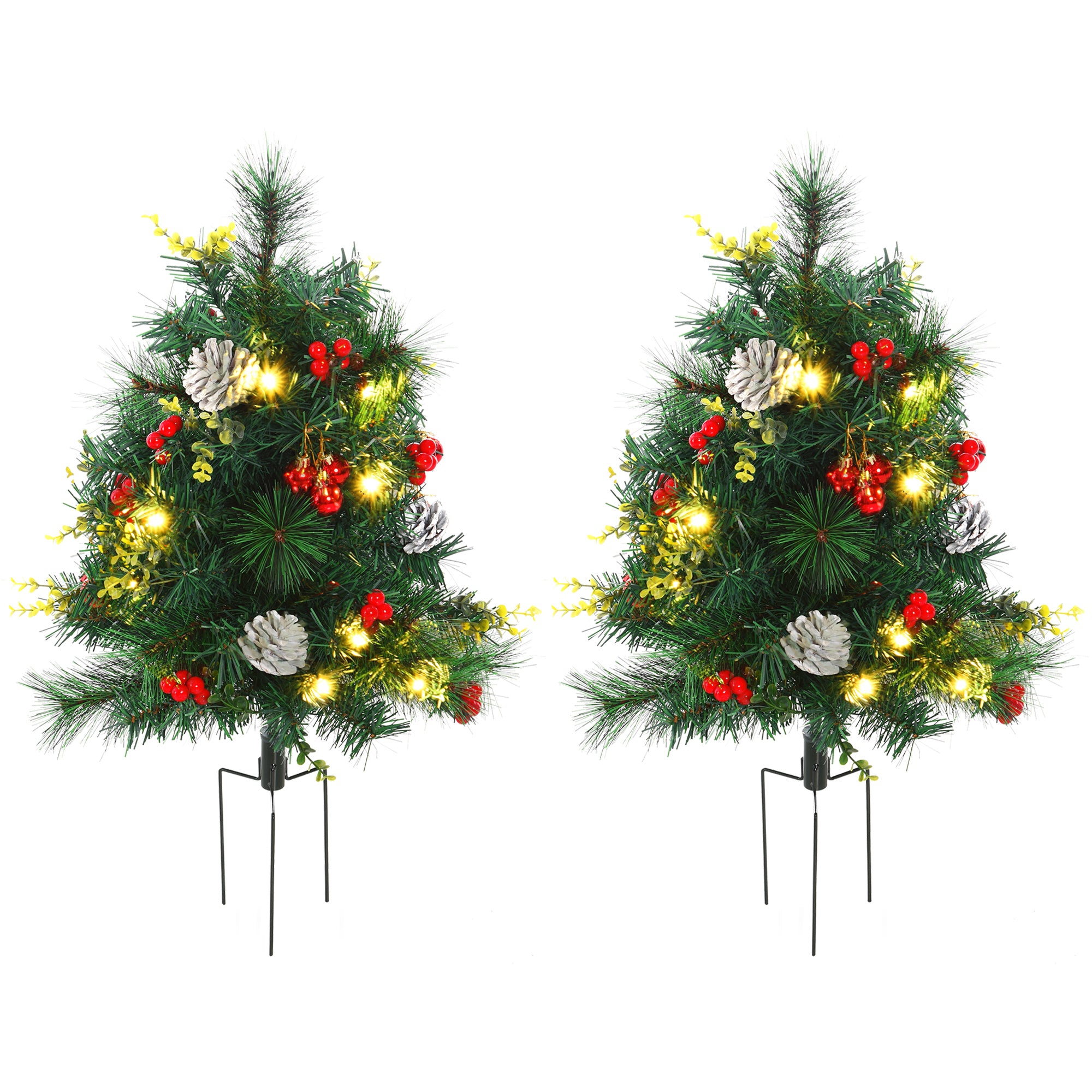 2.5ft 2 Pieces Prelit Artificial Christmas Tree with LED Light Mini Xmas Tree with Small Berry Pine Needles Pinecones Decorations for Garden