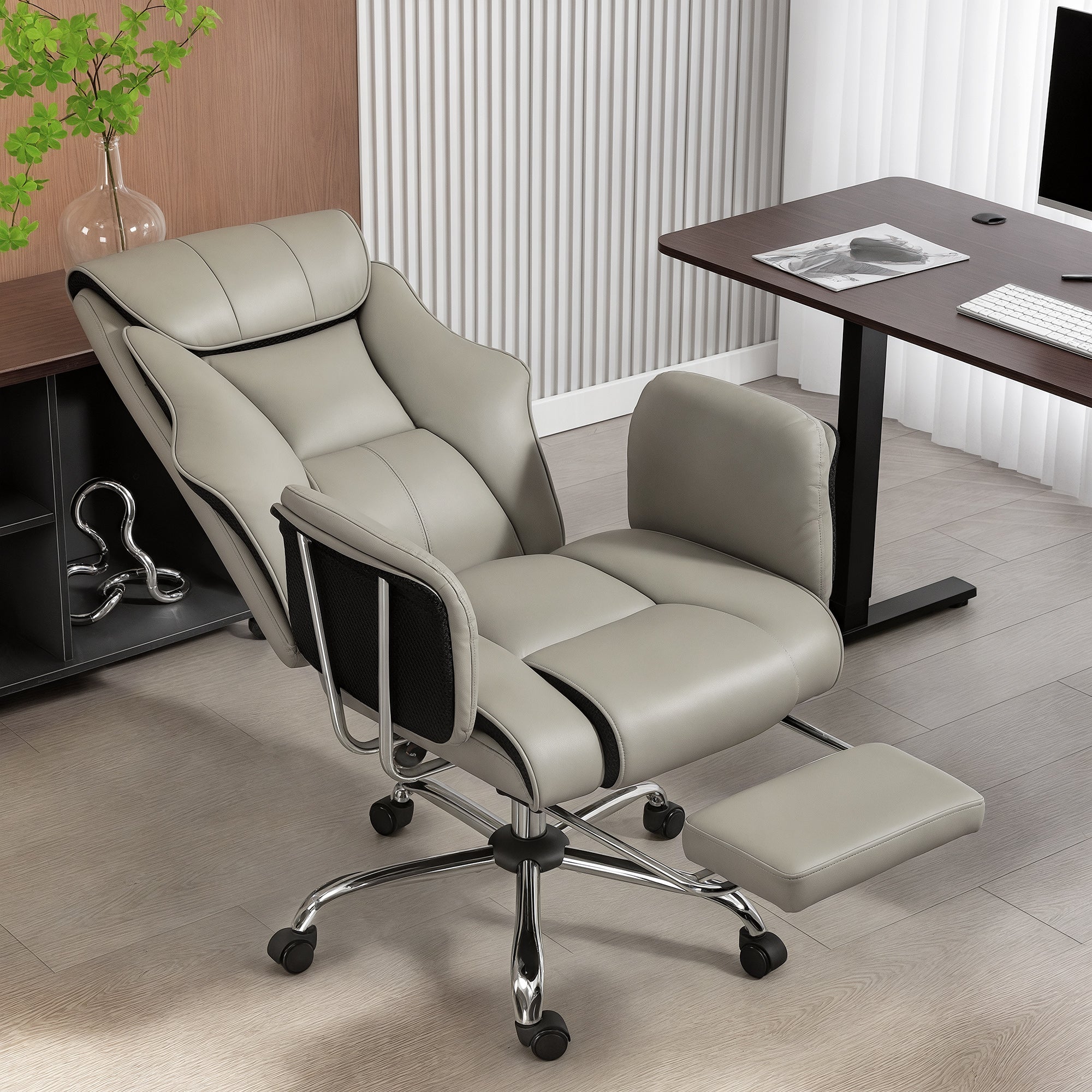 Reclining Office Chair, Overstuffed Executive Desk Chair with High Back, PU Leather, Footrest, Swivel Wheels, Grey