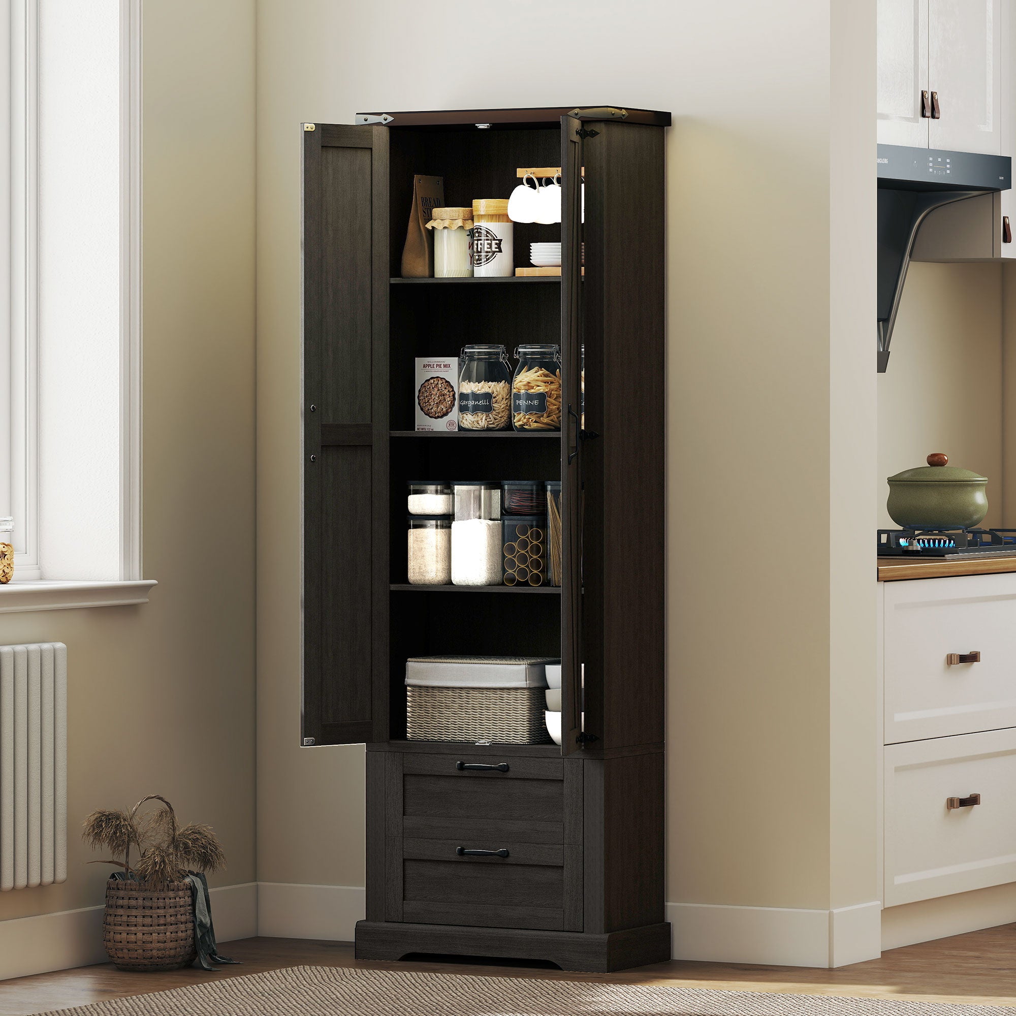 71" Tall Kitchen Pantry Cabinet, Farmhouse Kitchen Storage Cabinet with 2 Drawer and Adjustable Shelves, Black