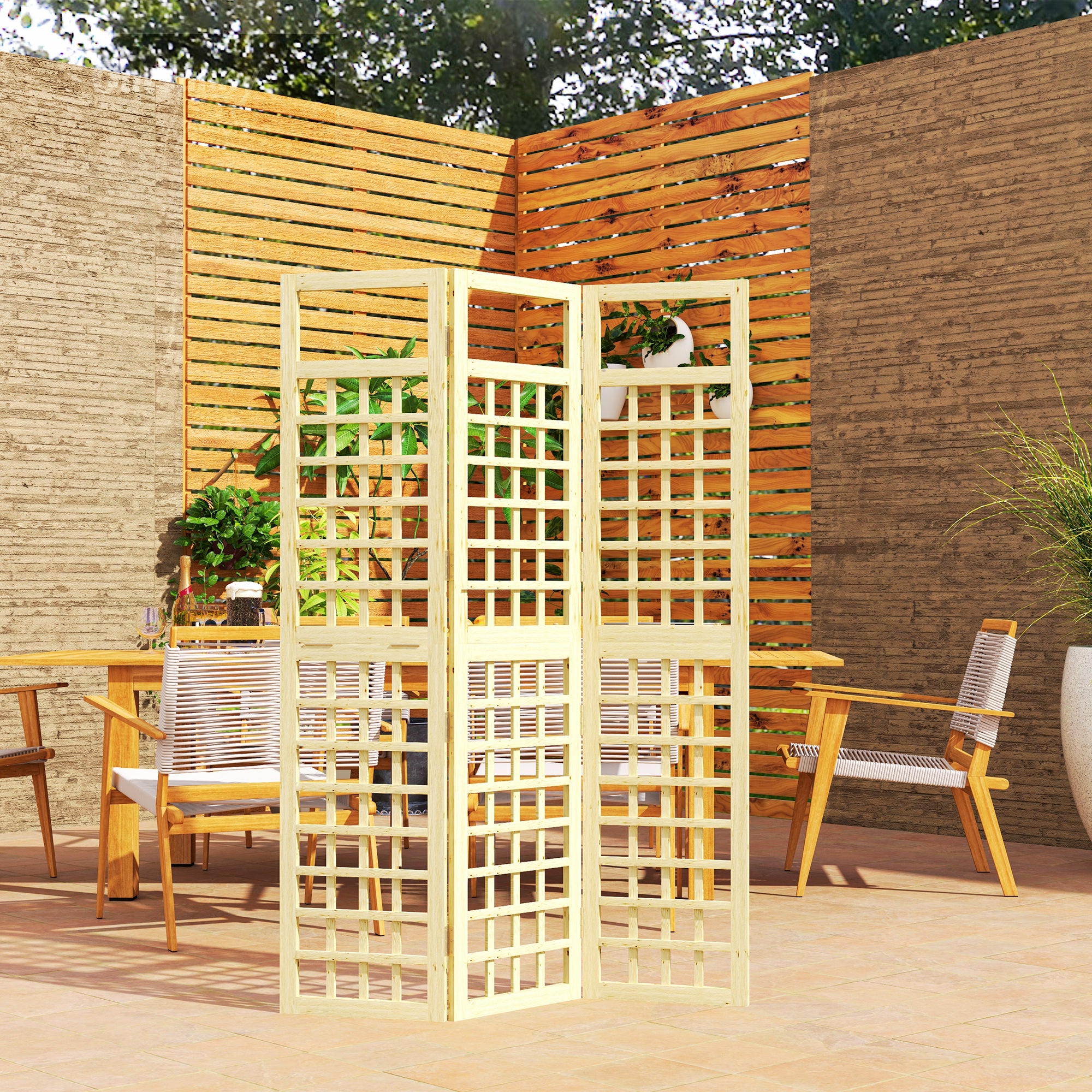 3 Panel Outdoor Wood Privacy Screen, Folding Room Divider/Trellis for Home, Patio, 47.2" x 66.9", Natural Wood