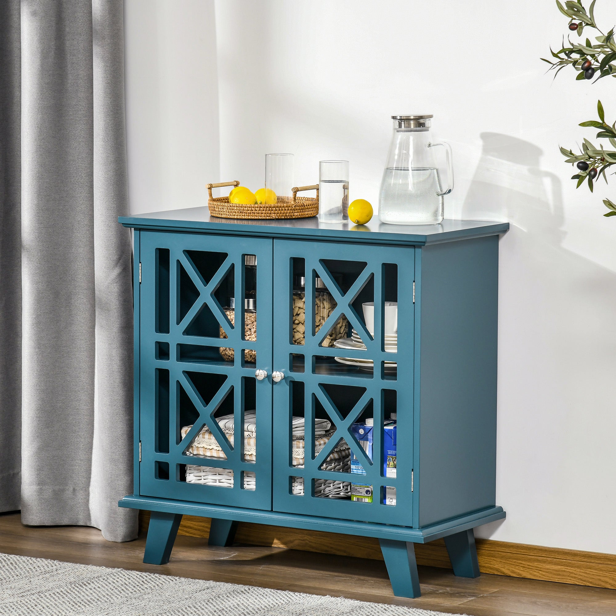 Storage Cabinet with Fretwork Doors and Shelf, Modern Freestanding Sideboard, Buffet, Blue