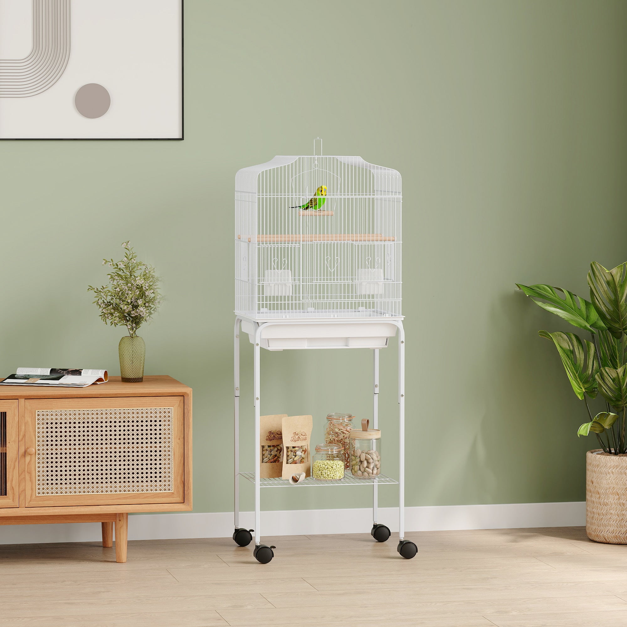 49" Rolling Bird Cage Cockatoo House Play Top Finch Pet Supply with Storage Shelf, Wheels - White