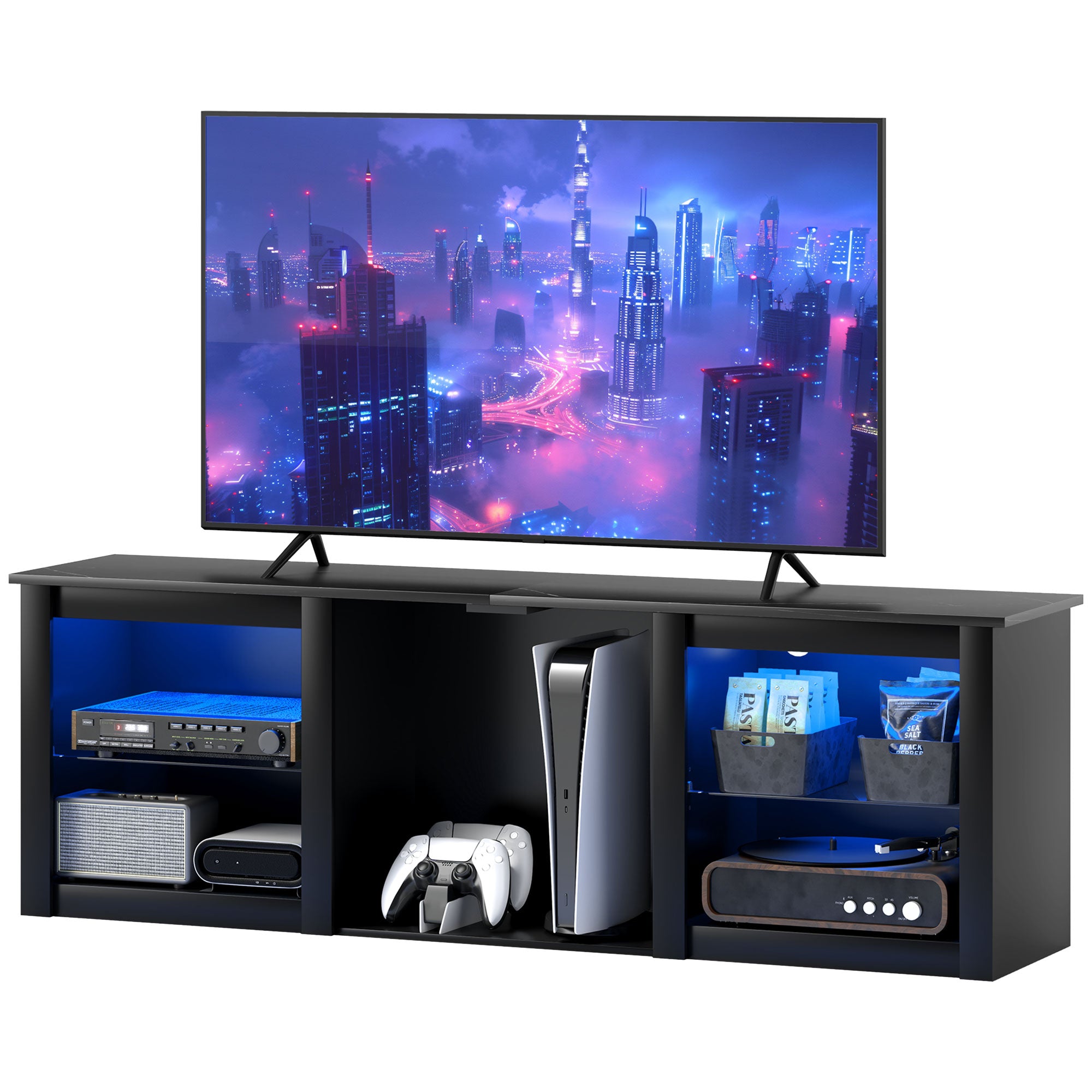 TV Stand with LED Lights, Modern Entertainment Center with Adjustable Glass Shelves, for TVs up to 65 Inch, Black