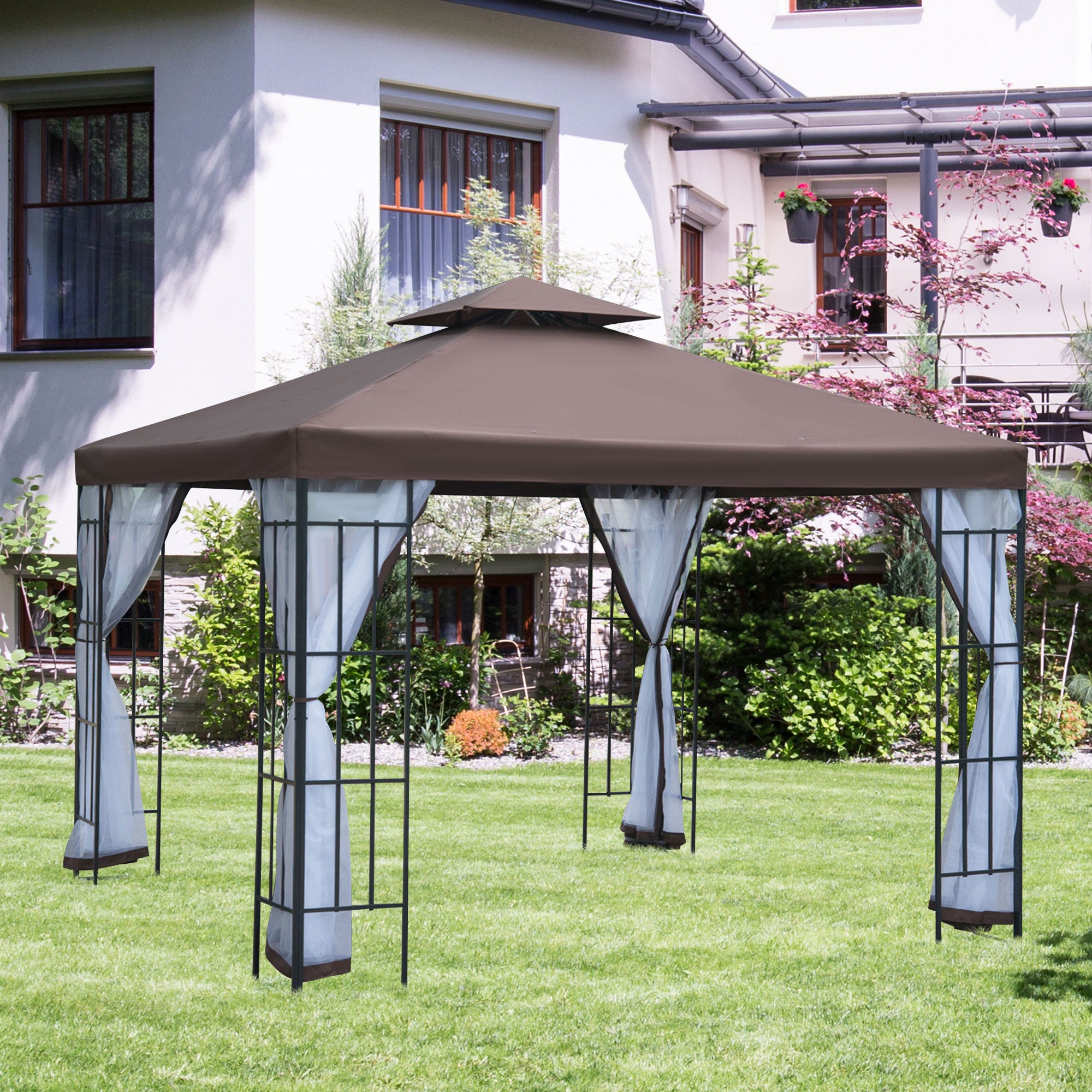 10'x10' Garden Gazebo Patio Canopy Portable Party Event Backyard w/ Mosquito Netting Coffee