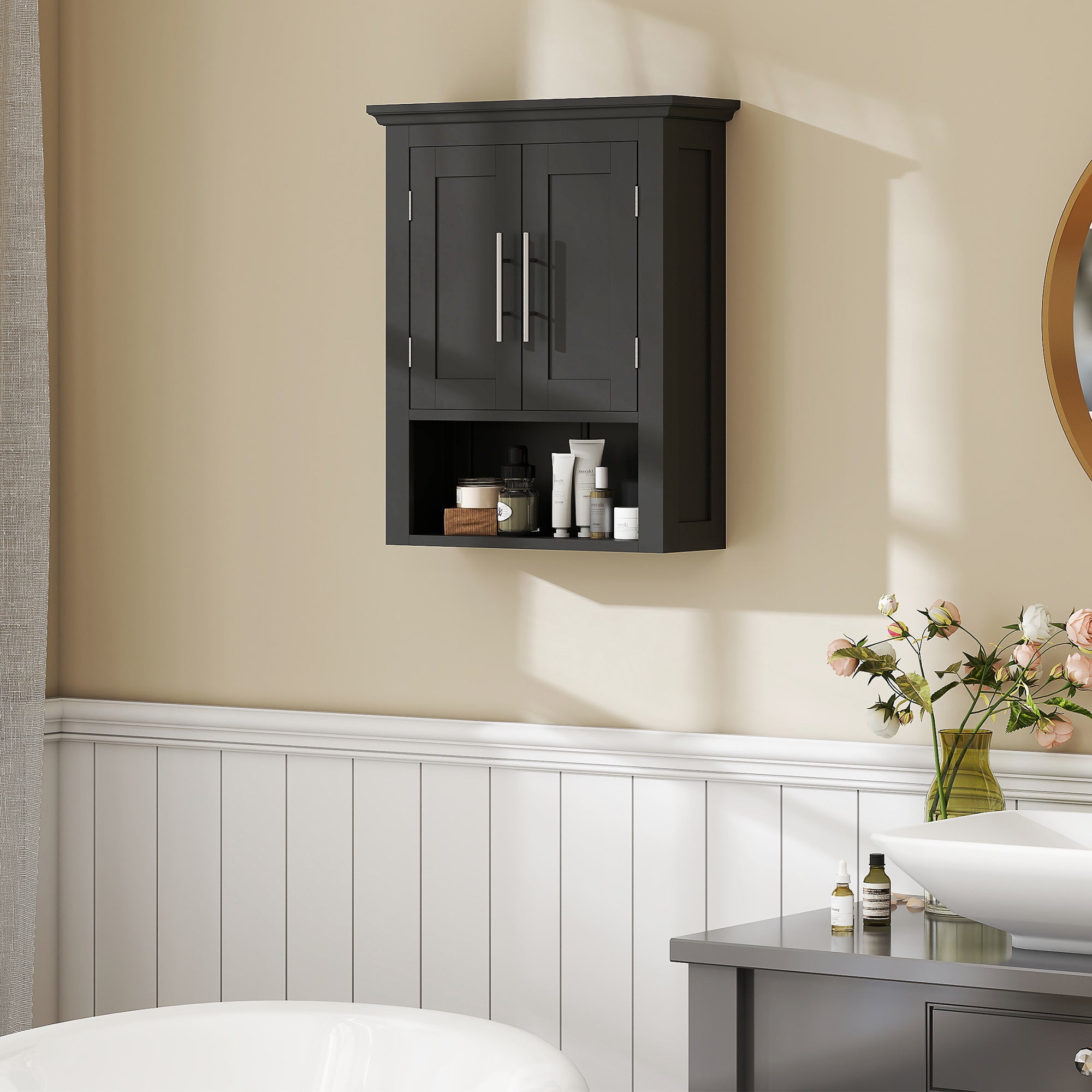 Bathroom Wall Cabinet, Medicine Cabinet, Toilet Storage Cabinet with Shelf for Living Room and Entryway, Black