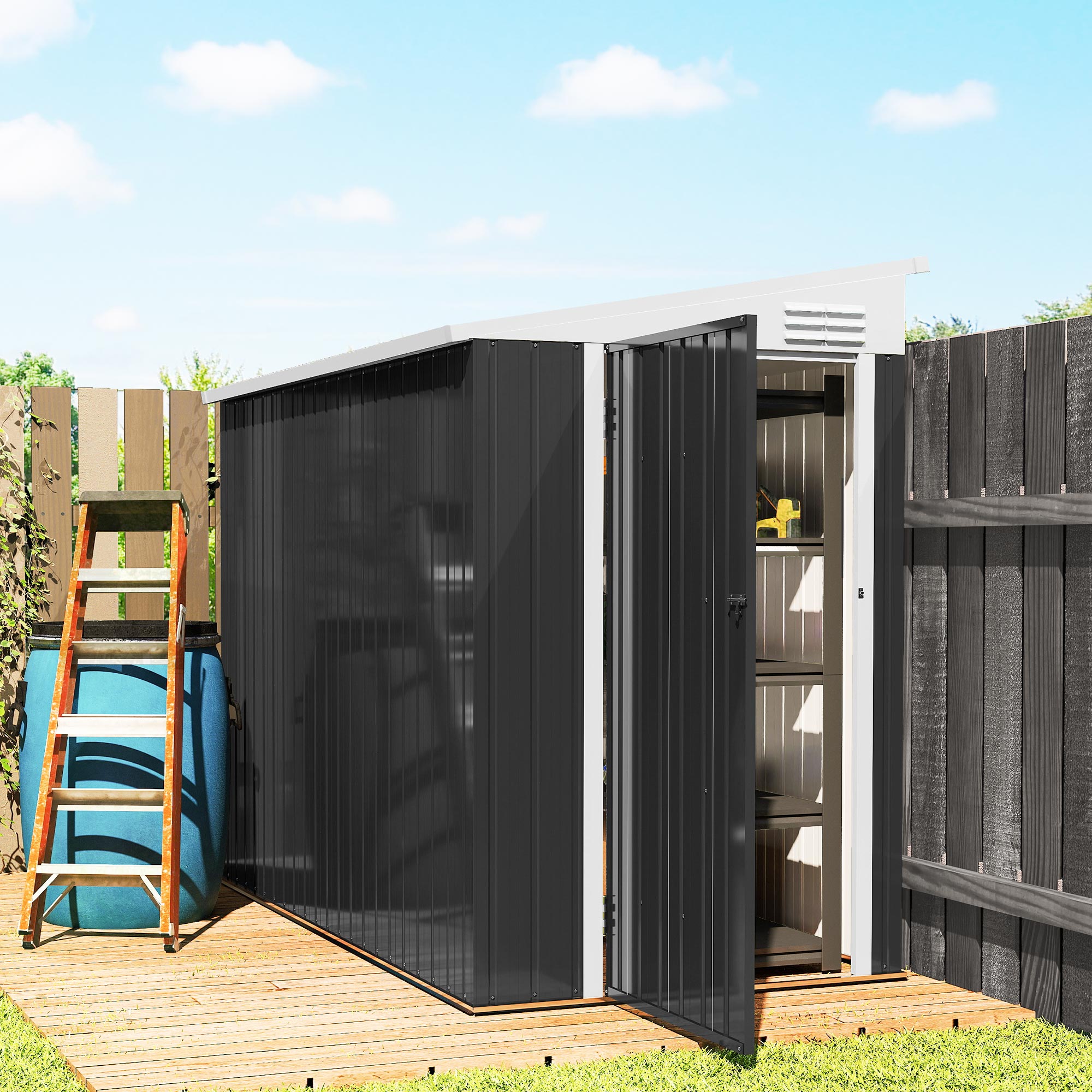 4' x 8' Outdoor Storage Shed Lean to Shed Outdoor Metal Tool Shed with Lockable Door and Air Vents, Dark Grey