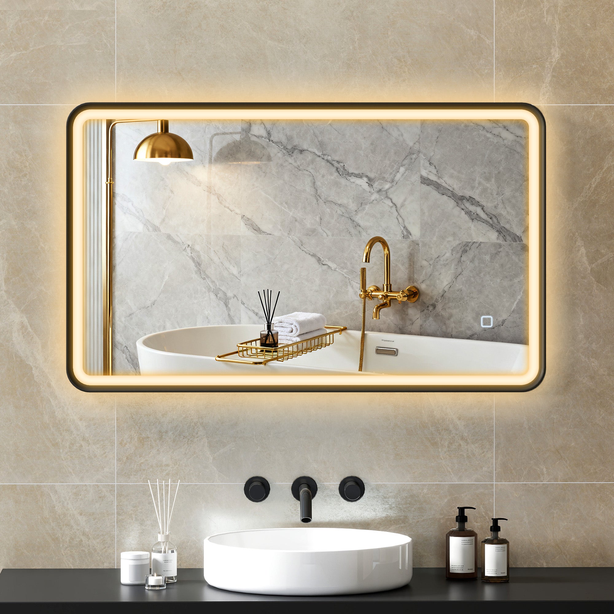 40" x 24" Bath Mirror with LED Lights, Wall Mounted Restroom Mirror, 3 Colours, Dimmable, Horizontal/Vertical, Black