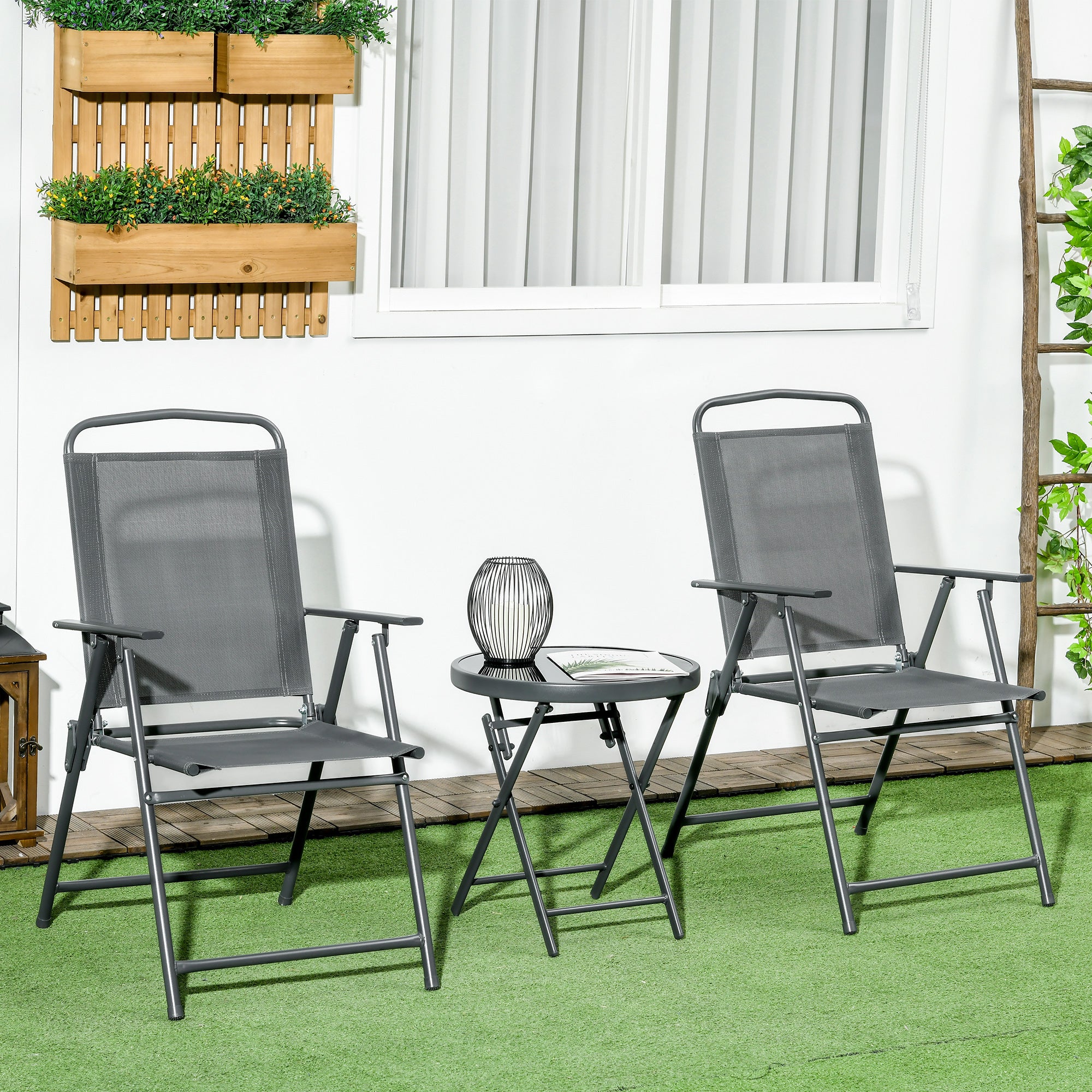 3 Pieces Bistro Set, Foldable Patio Furniture Set with Mesh Chairs, Glass Table for Garden, Balcony, Charcoal Grey