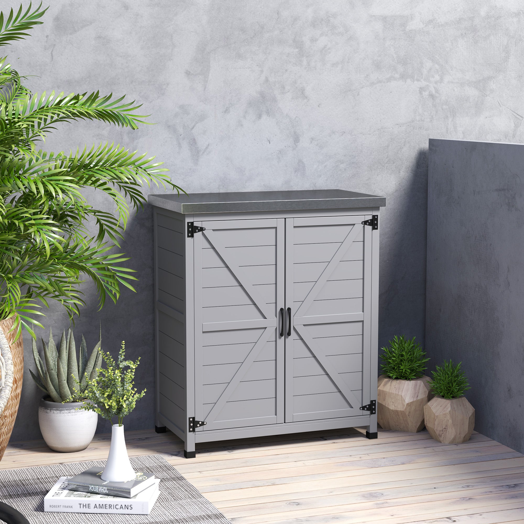 Garden Storage Cabinet, Outdoor Potting Bench Table with Metal Tabletop, Shelf and Double Doors, Grey