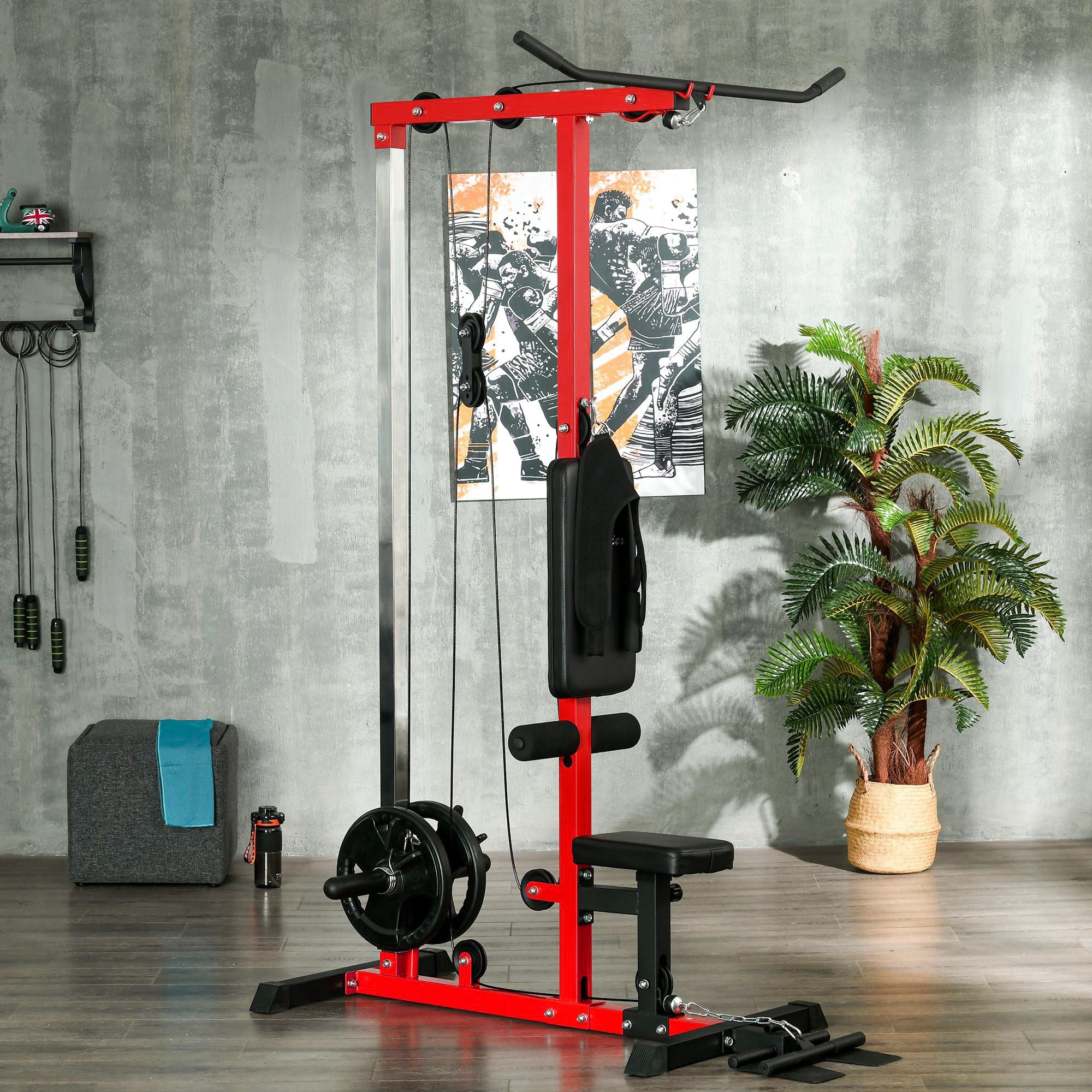 Soozier Lat Pull Down Machine, High / Low Pulley Machine with Adjustable Seat and Flip-Up Footplate, Red