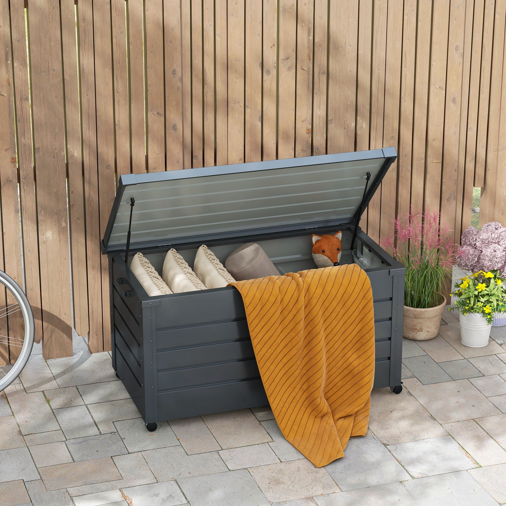 82 Gallon Garden Storage Box, Waterproof Outdoor Storage Container with Wheels and Handles, Dark Grey