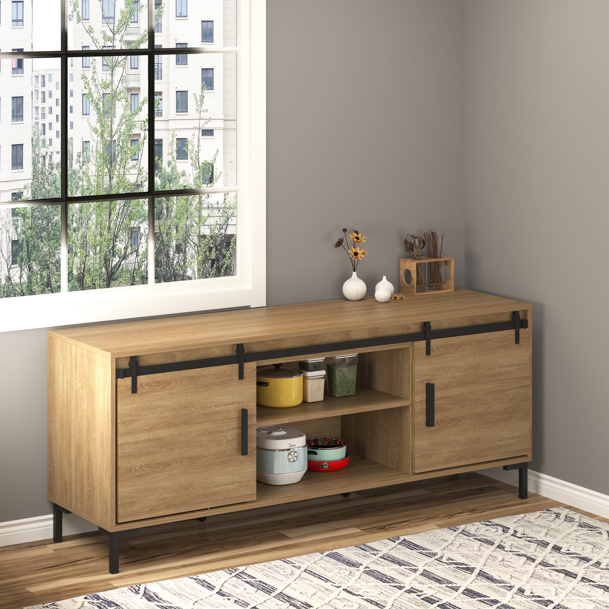 Mini Sliding Barn Door Hardware Kit for Double Doors, TV Stands, Cabinet Barn Door Hardware Kit, Fit 17.7" Wide Door Panel (J Shape), Black