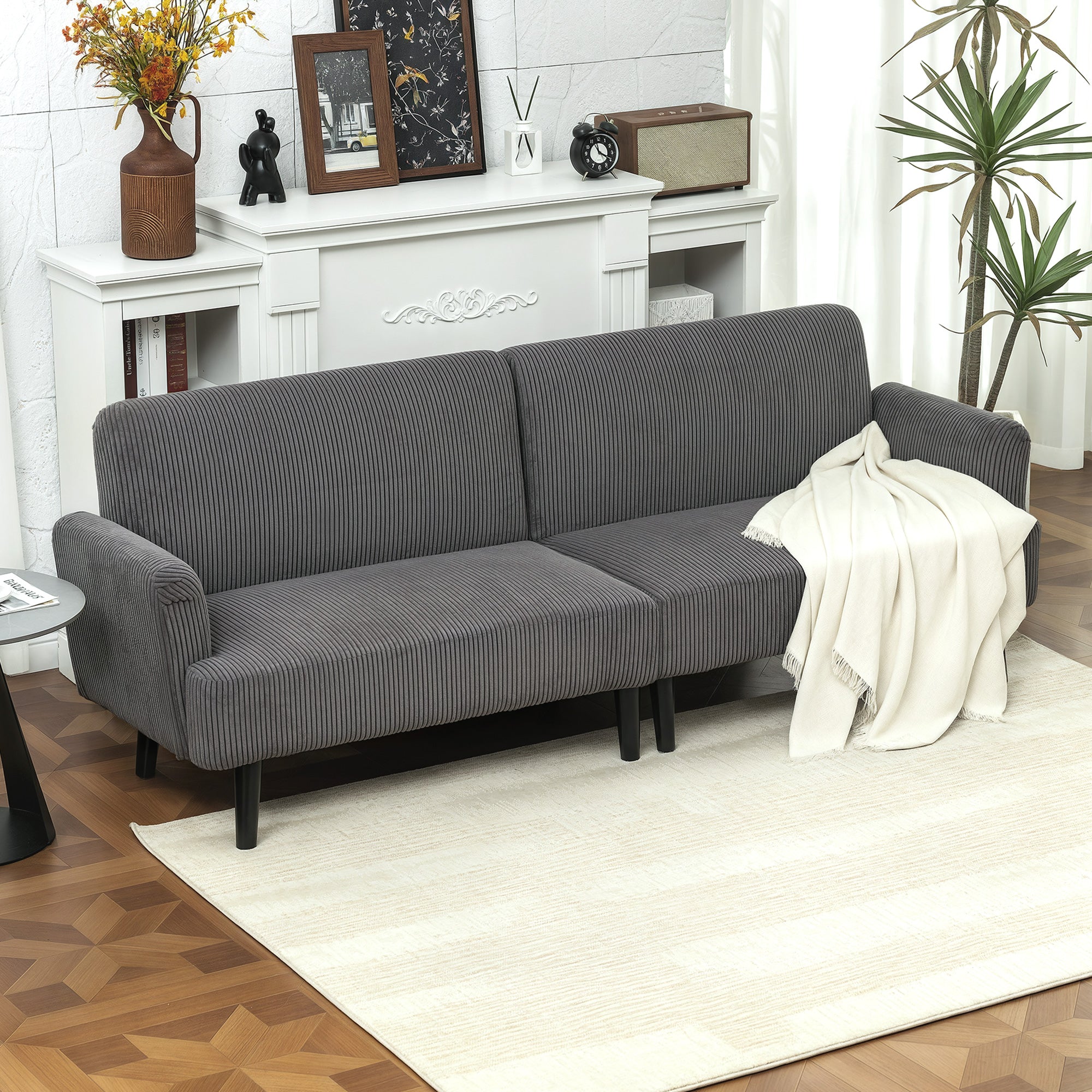Modern Couch, 3 Seater Sofa, Corduroy Loveseat with Rubberwood Legs and Extra-Wide Seat, Grey