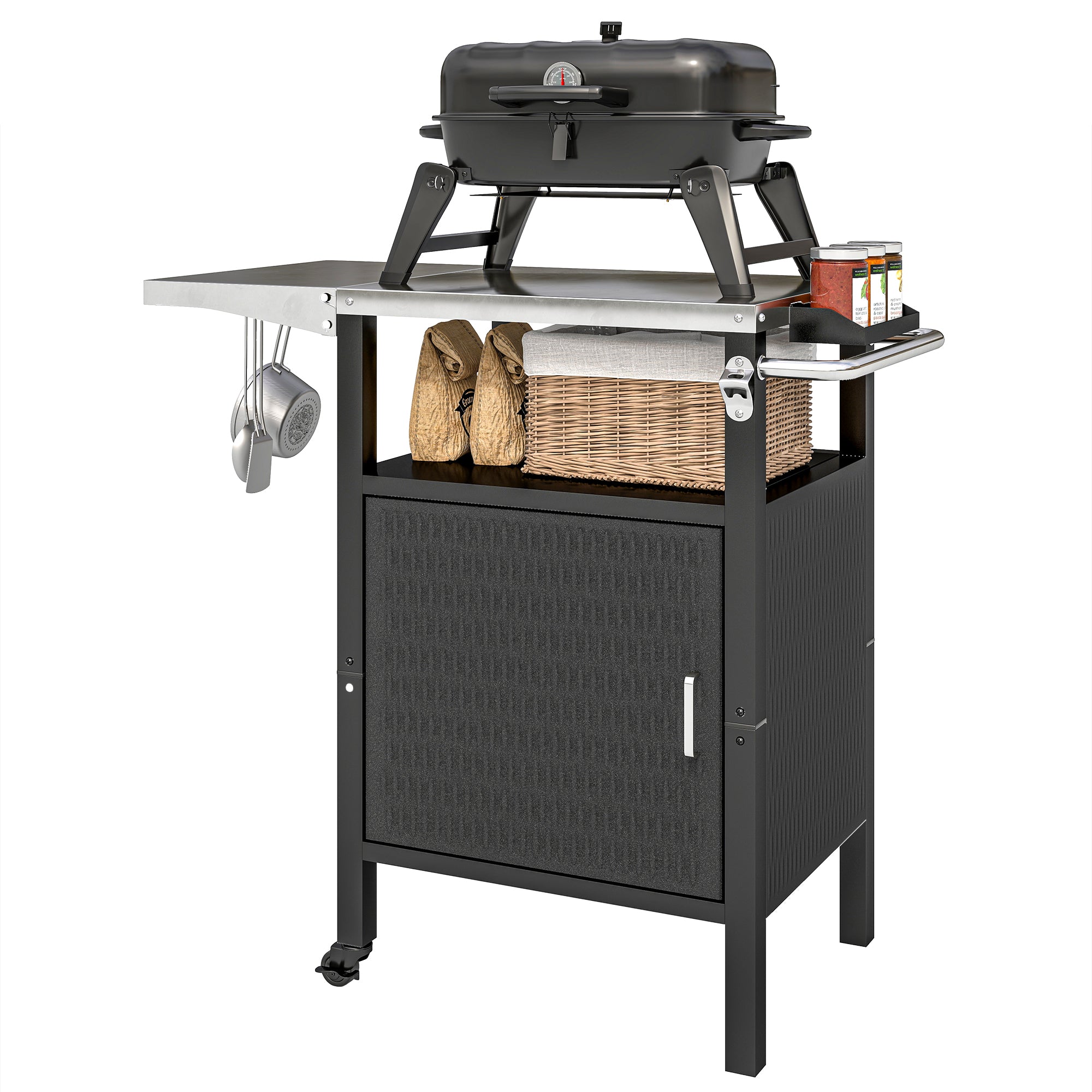 Outdoor Grill Dining Cart with Stainless Steel Top, Pizza Oven Stand Table with Foldable Side Table, Silver