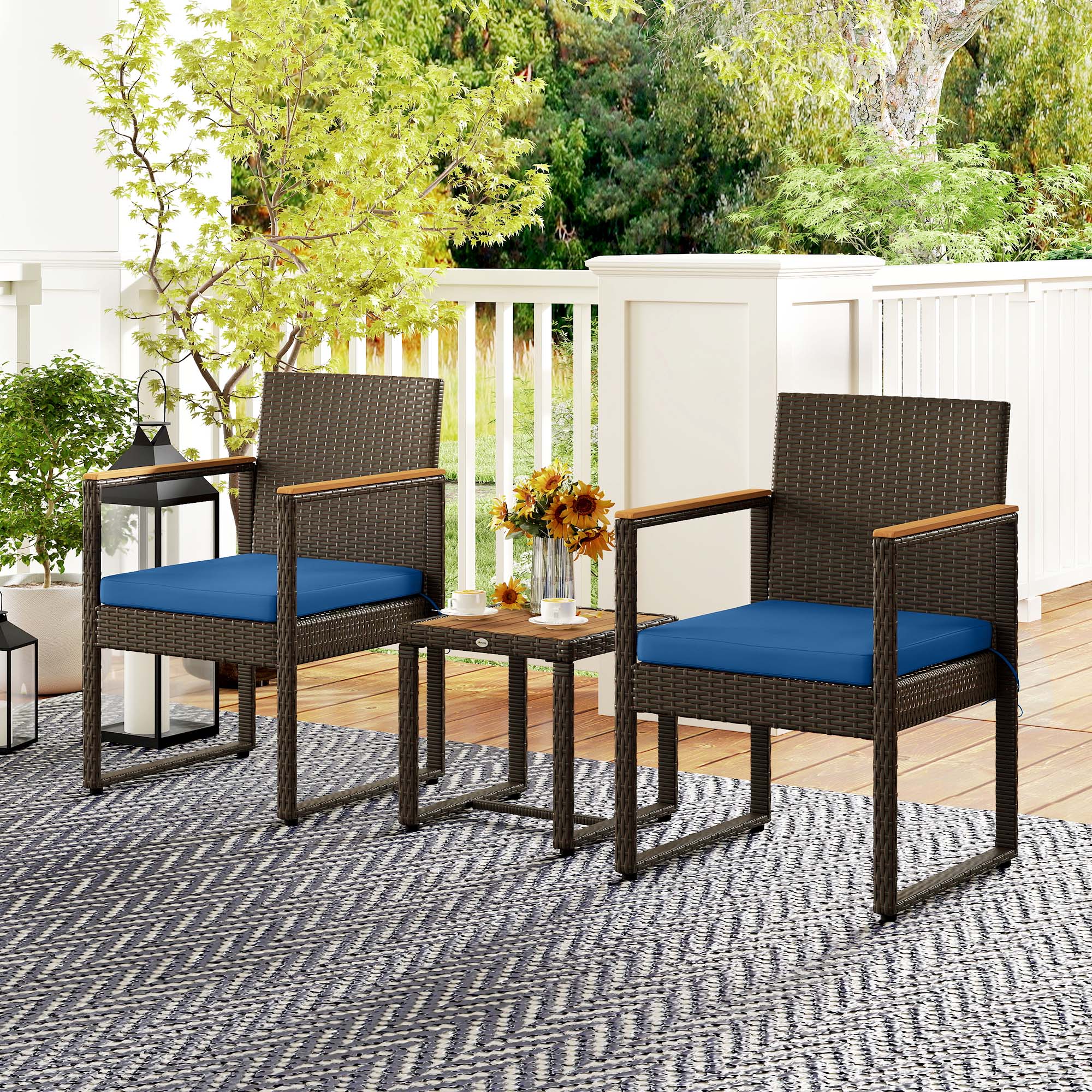 3 Pieces Wicker Patio Furniture Set, Rattan Bistro Set w/ Acacia Wood Table & Removable Cushions, Dark Blue