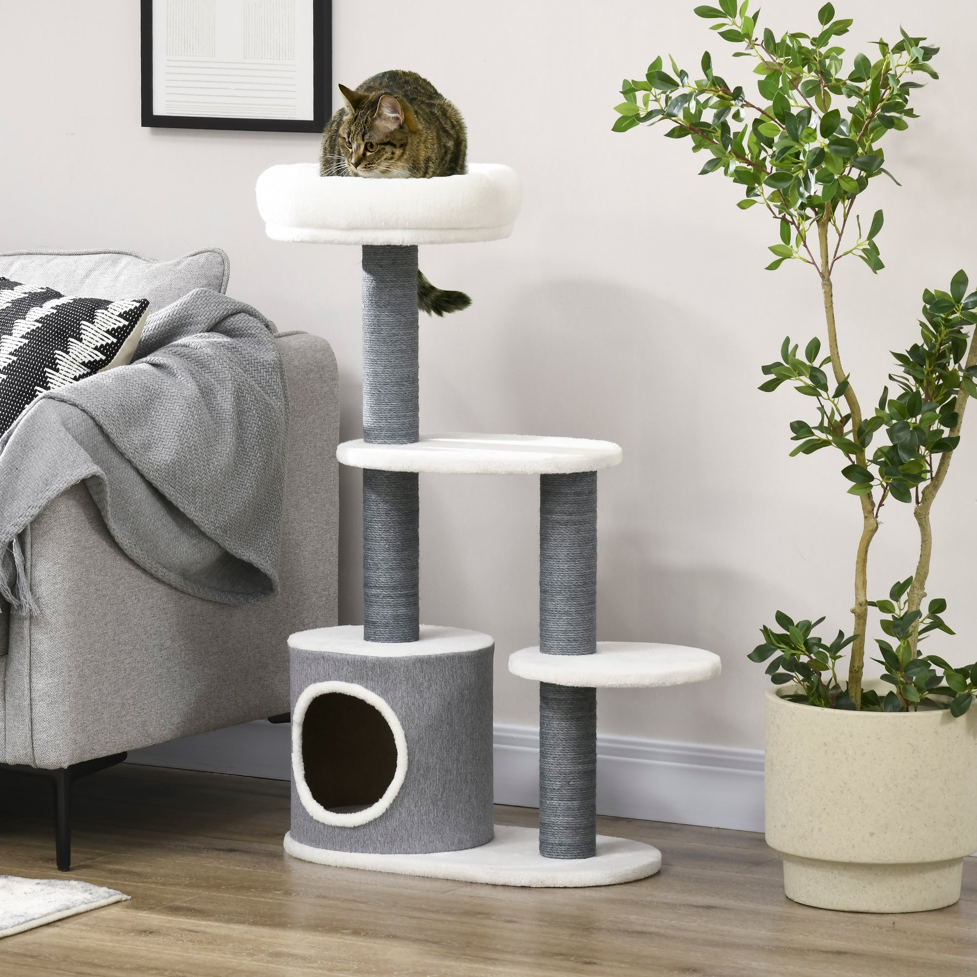 39" Cat Tree Tower, Multi-level Cat Activity Centre with Scratching Posts, Condo, Top Perch, Platforms, White