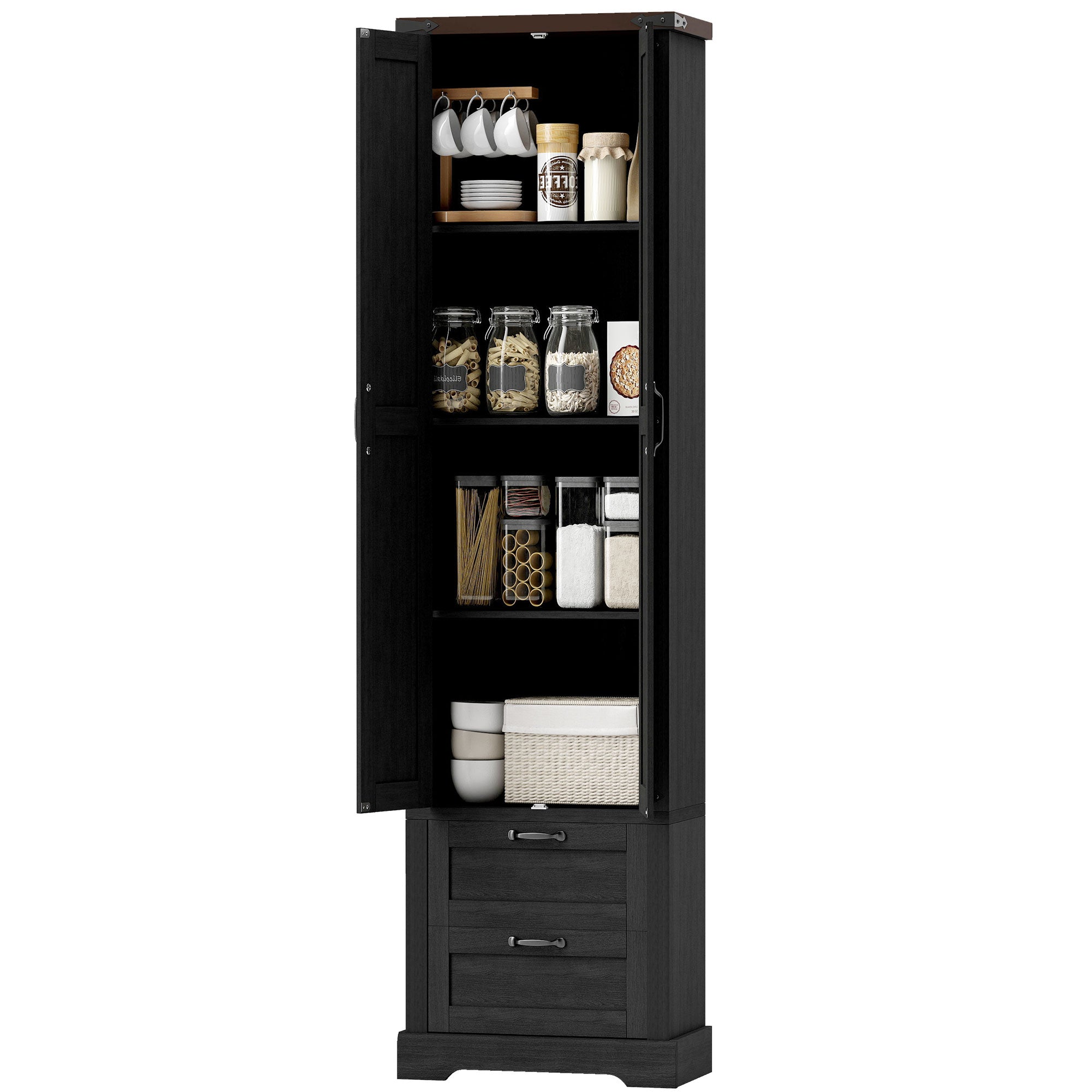 71" Tall Kitchen Pantry Cabinet, Farmhouse Kitchen Storage Cabinet with 2 Drawer and Adjustable Shelves, Black