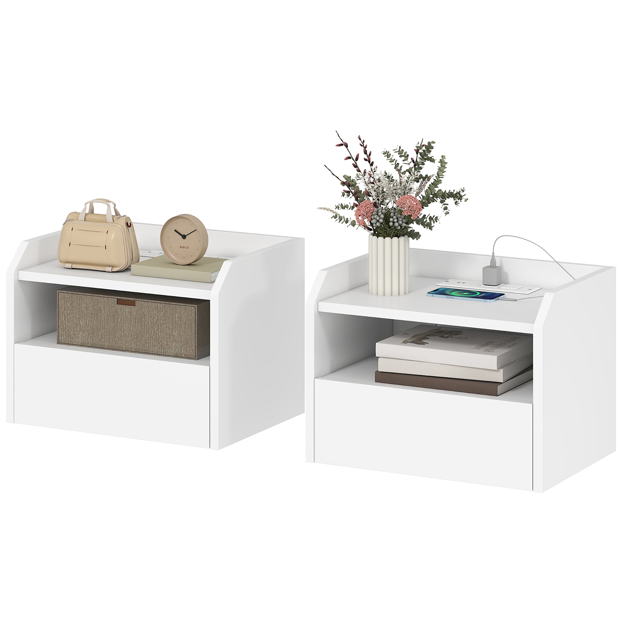 Wall Mounted Bedside Table, Set of 2 Floating Nightstand with Charging Station, Drawer and Open Shelf for Bedroom, White