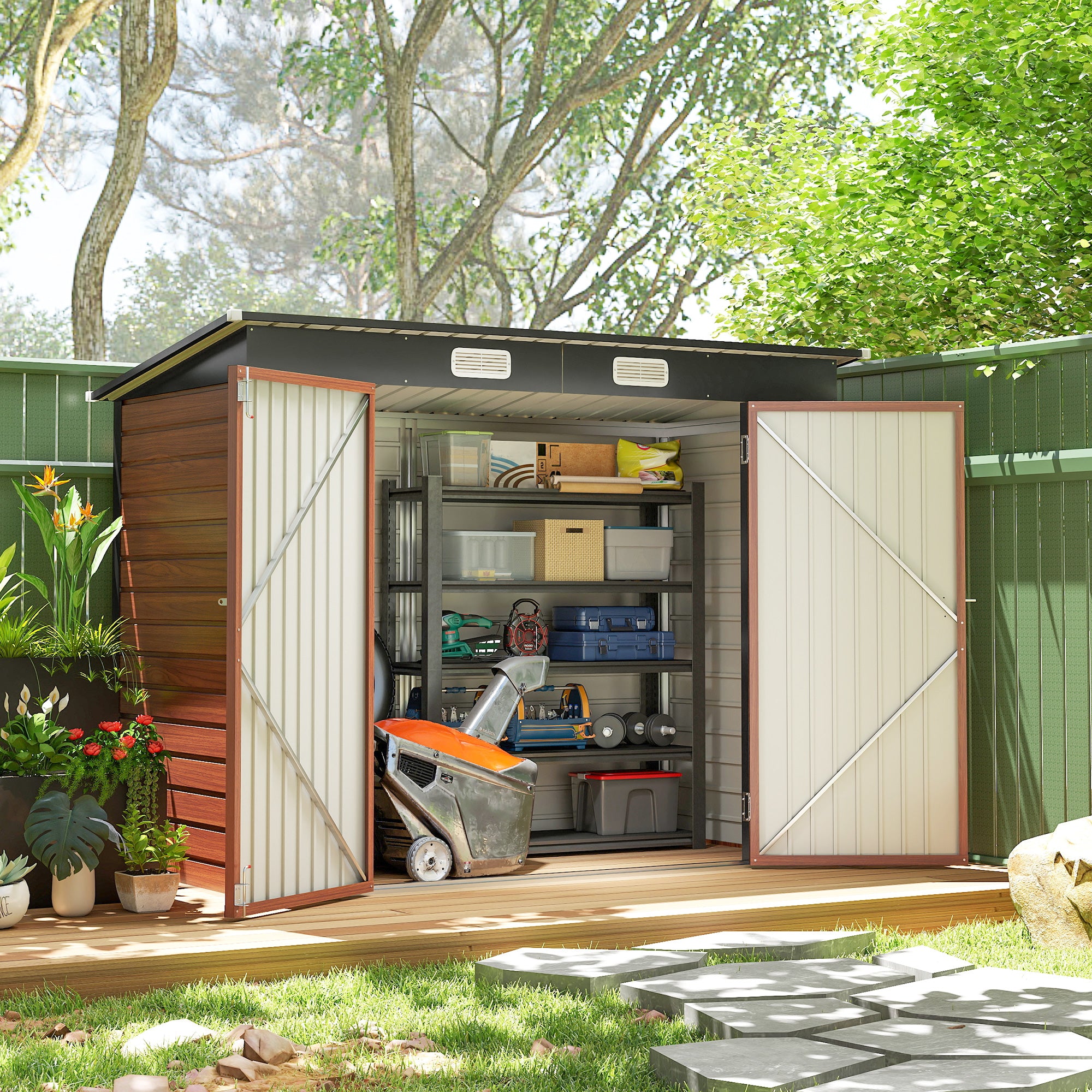 8 x 4FT Galvanized Garden Storage Shed, Metal Outdoor Shed with Double Doors and 2 Vents, Teak