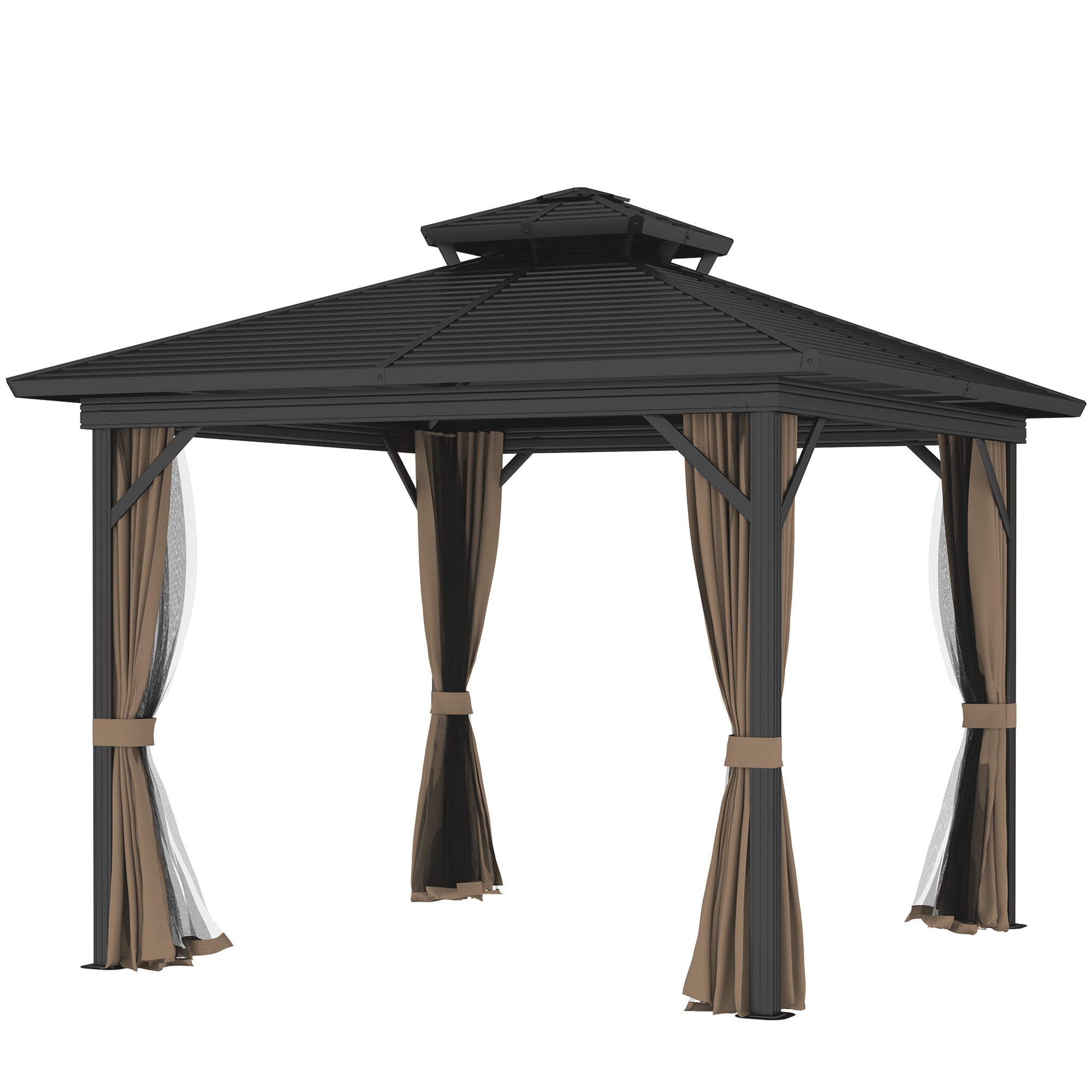10' x 10' Hardtop Gazebo, Sun Shelter with Double Tier Metal Roof, Mosquito Netting, and Hanging Hook, Dark Brown
