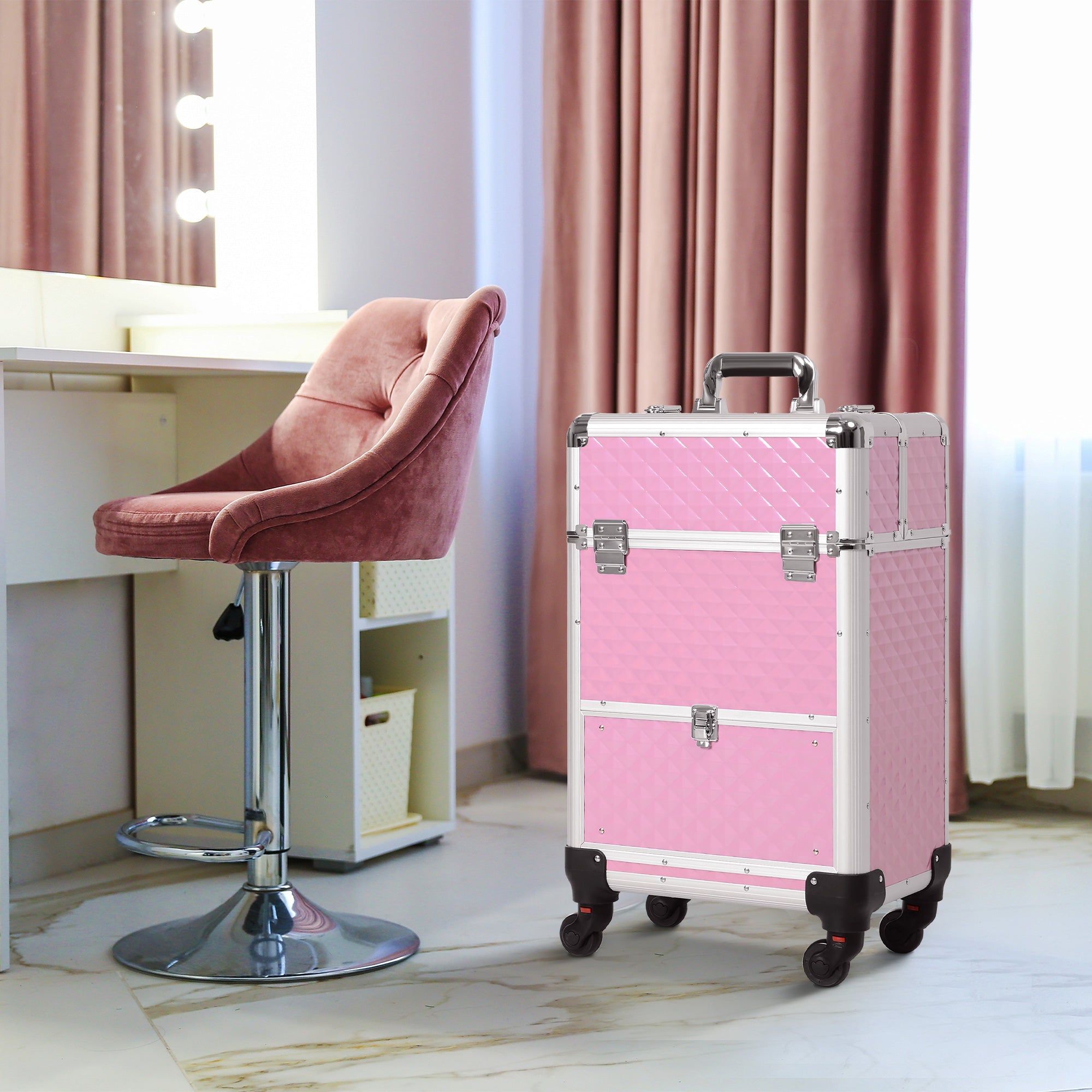 Portable Aluminum Makeup Train Cases, Rolling Makeup Case, Salon Beauty Cosmetic Jewelry Organizer Trolley with 4 Wheels, Pink