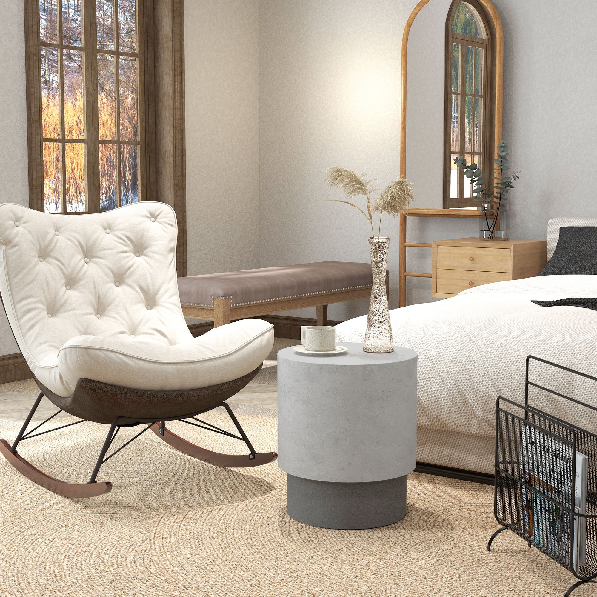 Lightweight Accent Table with Concrete Finish, Round Side Table with 4 Adjustable Feet for Indoor, Outdoor