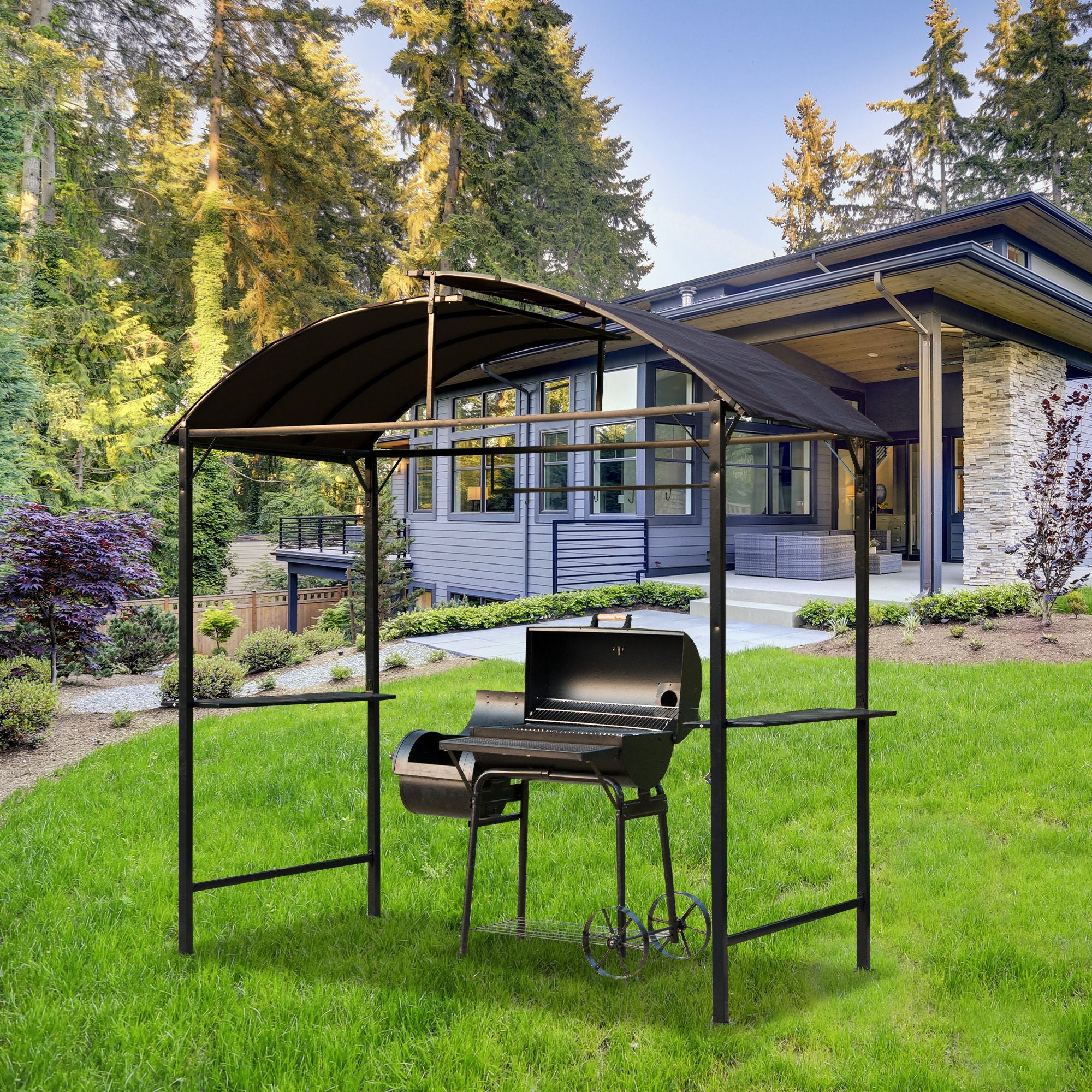 8x4ft BBQ Gazebo Tent Metal Frame Arch Canopy Garden Sunshade Portable Shelter Backyard with Side Shelf Coffee