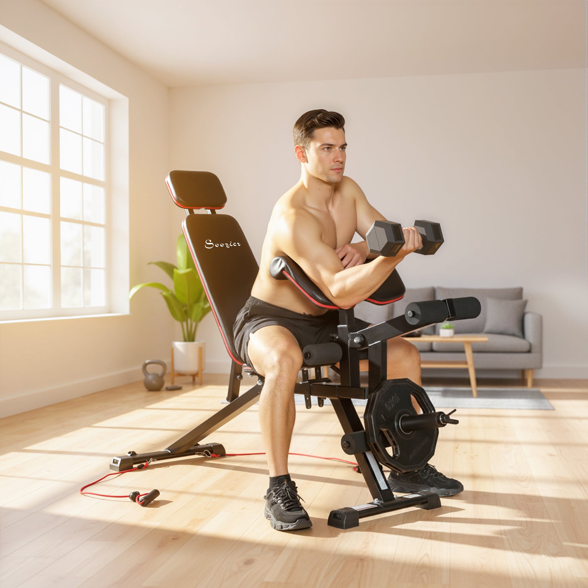 Soozier Adjustable Weight Bench with Wheels, Load 660LBS Workout Bench with Leg Extension, Preacher Curl and Resistance Bands