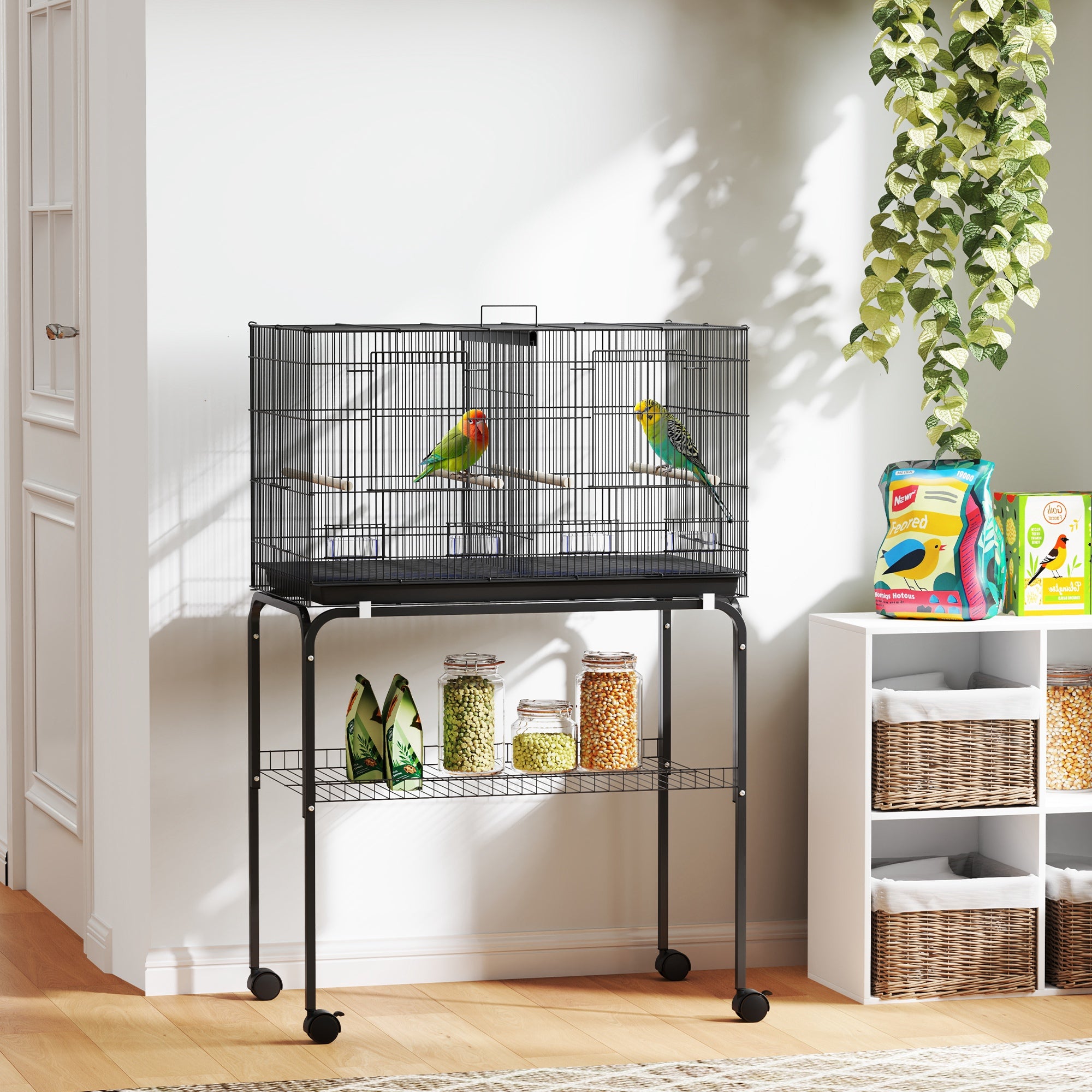 46" H Bird Cage, Large Parakeet Cage for Budgie, Lovebird, Canary, Finches with Divider, Black