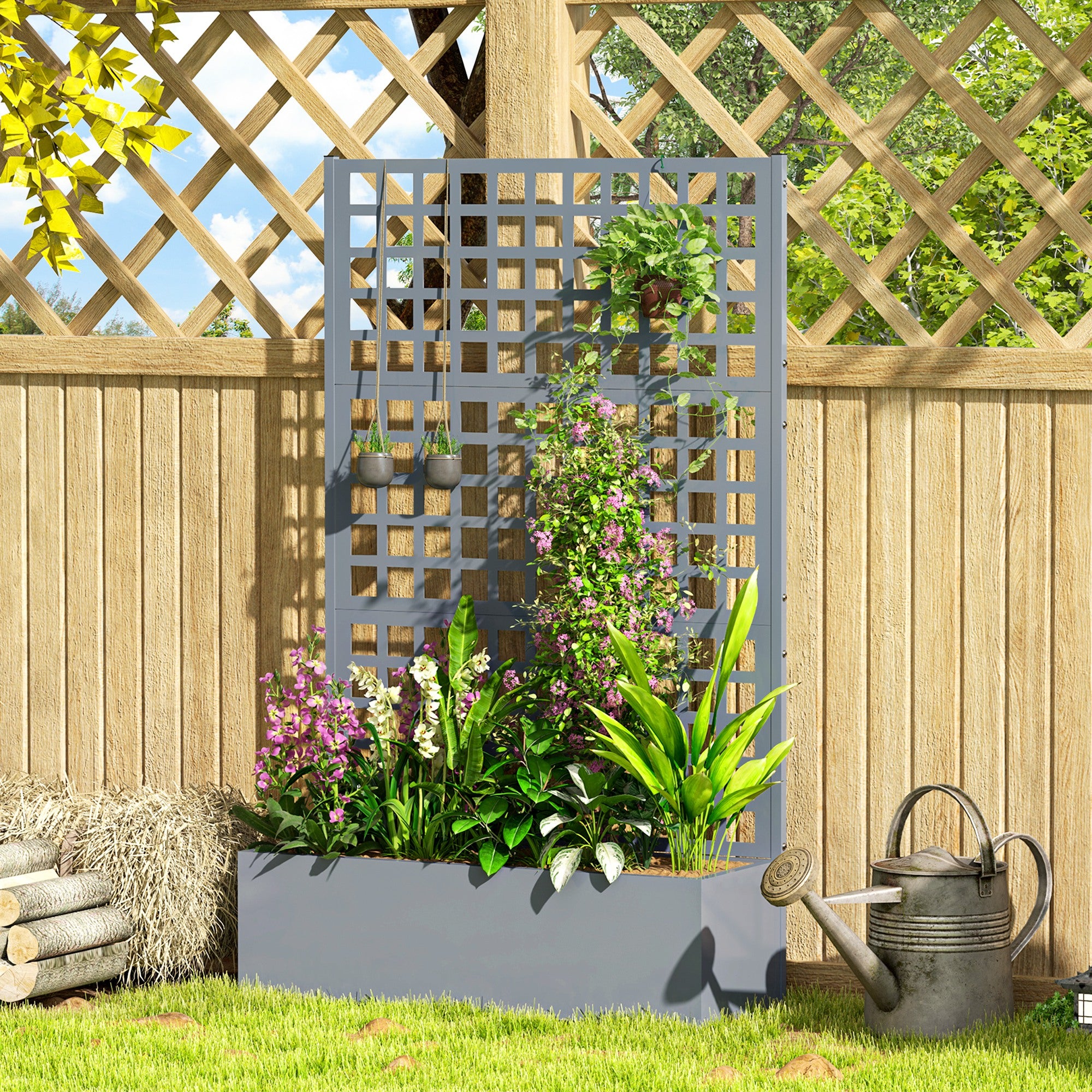 Galvanized Raised Garden Bed Planter Box with Trellis for Climbing Plant Vegetable Vine, 43"x16"x70", Grey Wood Effect