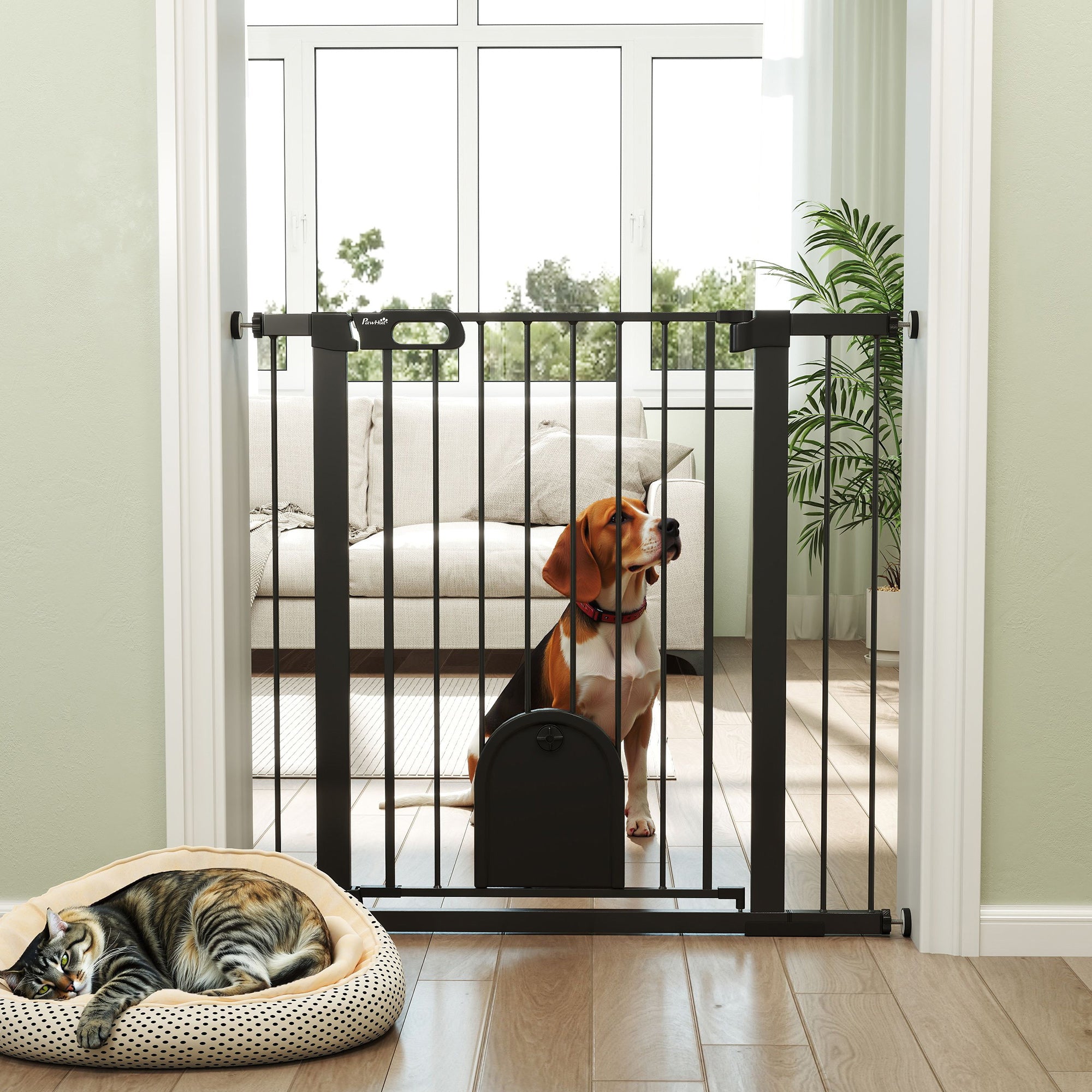 30"-41" Extra Wide Pet Gate Barrier with Small Door, 35"H Dog Gate with Safety Gate Barrier, Stair Pressure Fit, Black