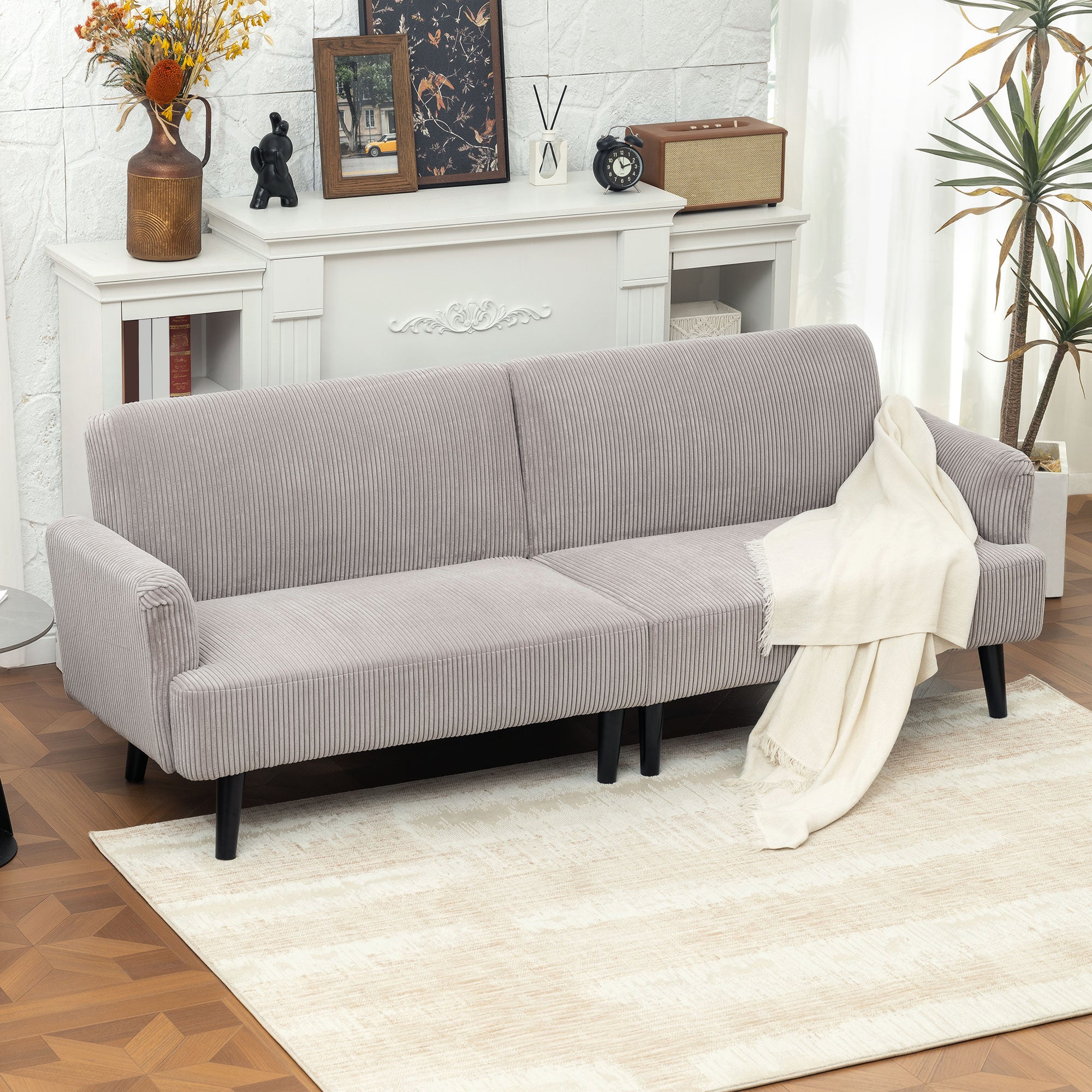 Modern Couch, 3 Seater Sofa, Corduroy Loveseat with Rubberwood Legs and Extra-Wide Seat, Light Grey