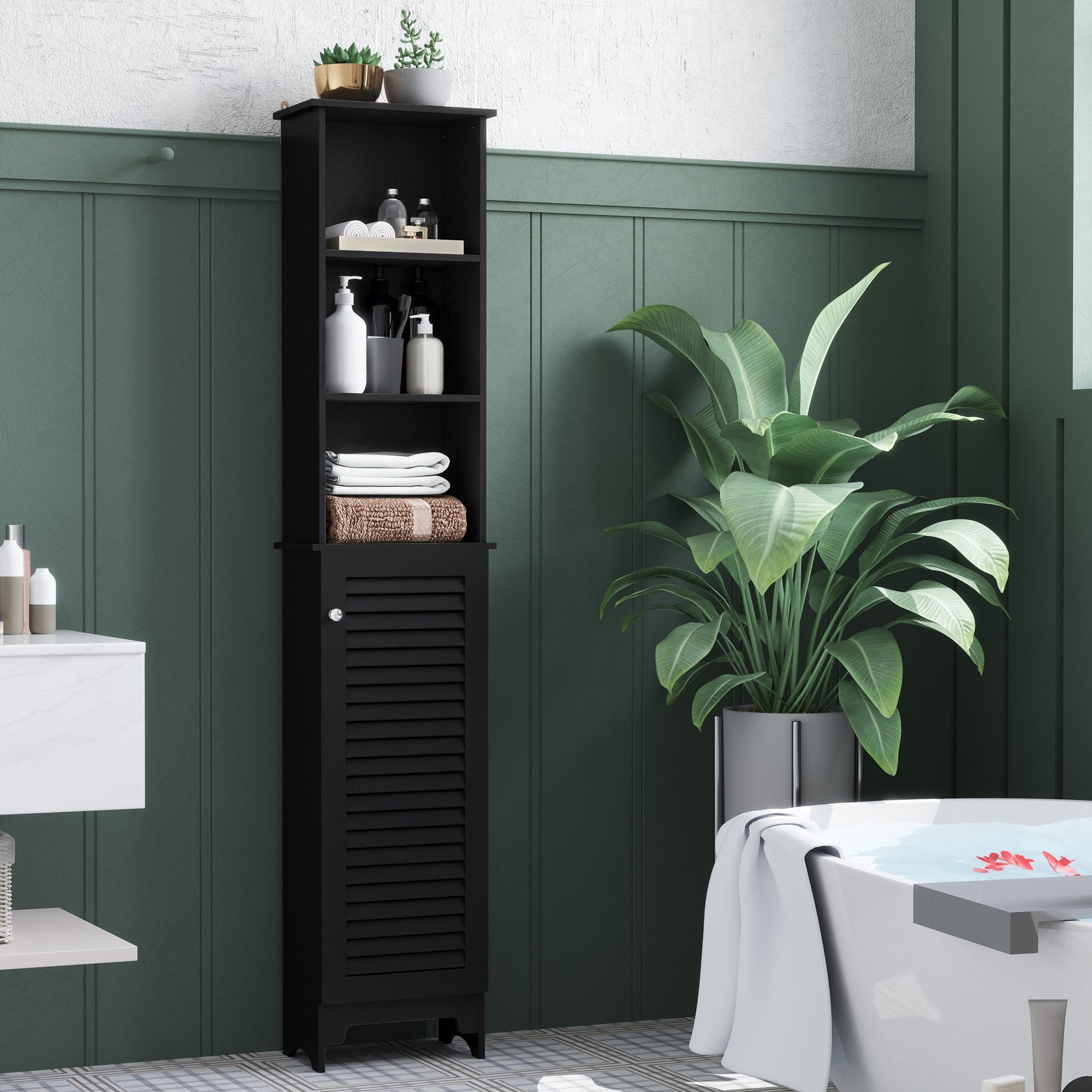 Tall Bathroom Storage Cabinet, Freestanding Linen Tower with 3-Tier Open Adjustable Shelf, Black